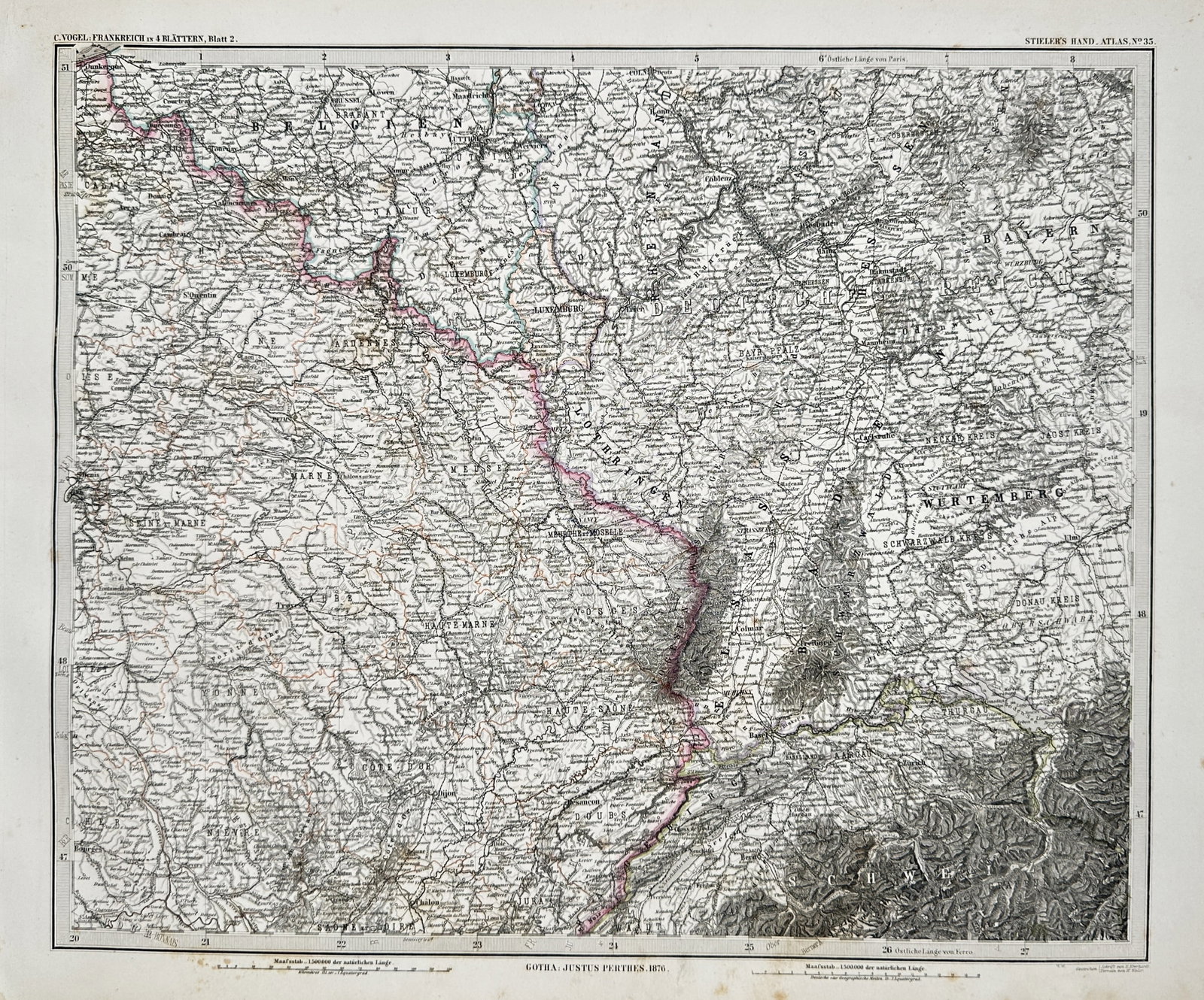 Adolf Stieler (1775–1836) – Map of Belgium and Northeastern France – engraving (1876): This engraving features a highly detailed topographical map of Belgium, Luxembourg, and northeastern France, capturing a complex network of internal administrative borders and regional topography duri