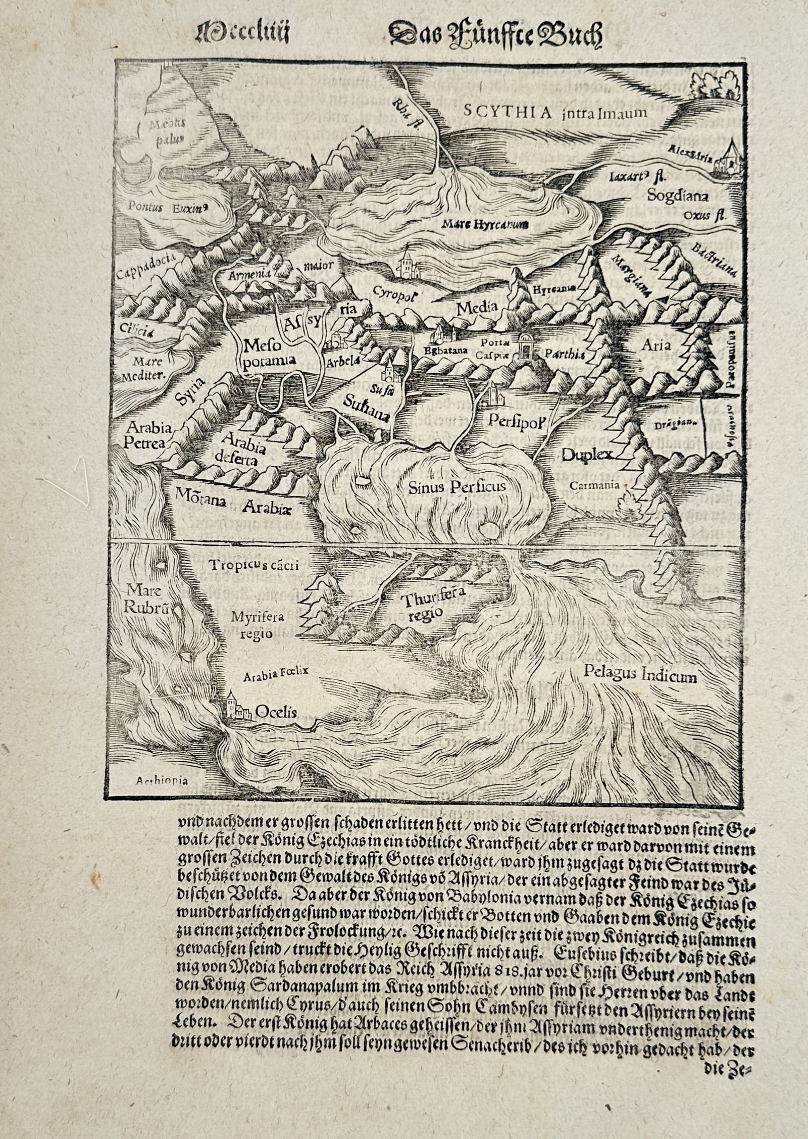 Sebastian Münster (1488–1552) – View of Persia and the Ancient Middle East – Woodcut (c.: This print features a sixteenth-century woodcut map depicting the ancient geography of the Middle East and Central Asia, covering regions such as Persia, Parthia, Assyria, Mesopotamia, and Scythia. Ba