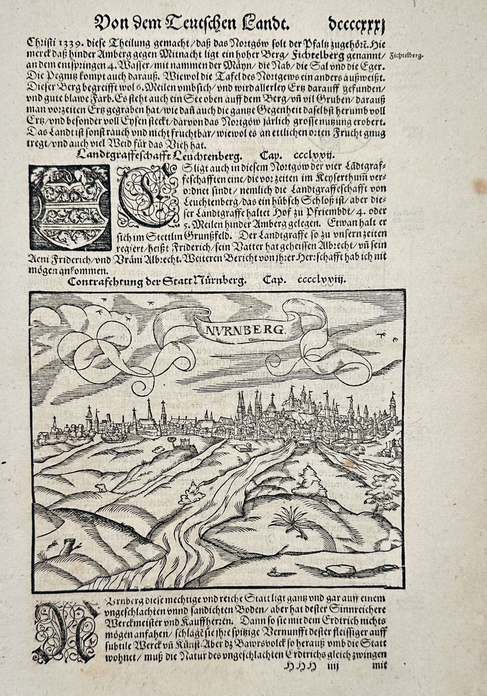 Sebastian Münster (1488–1552) – View of Nuremberg – Woodcut (c. 1550): This print features a panoramic sixteenth-century woodcut view of Nuremberg (Nürnberg), Germany, capturing the city’s distinctive skyline with its numerous spires, fortified walls, and the Imperial