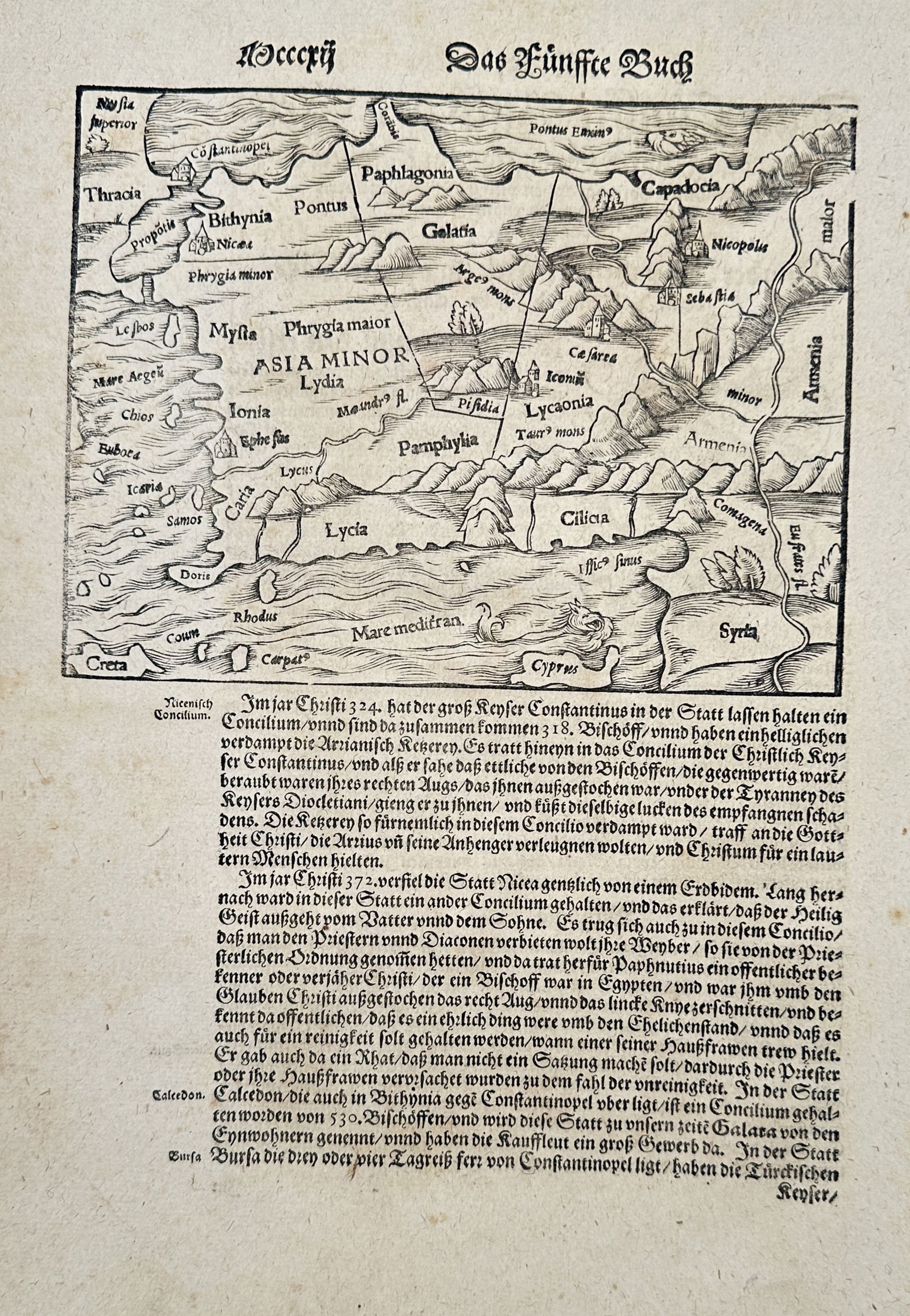 Sebastian Münster (1488–1552) – View of Asia Minor – Woodcut (c. 1550): This print features a sixteenth-century woodcut map of Asia Minor (modern-day Turkey), depicting the ancient regions of Lydia, Phrygia, Lycaonia, and Cilicia, alongside the island of Cyprus. The map i