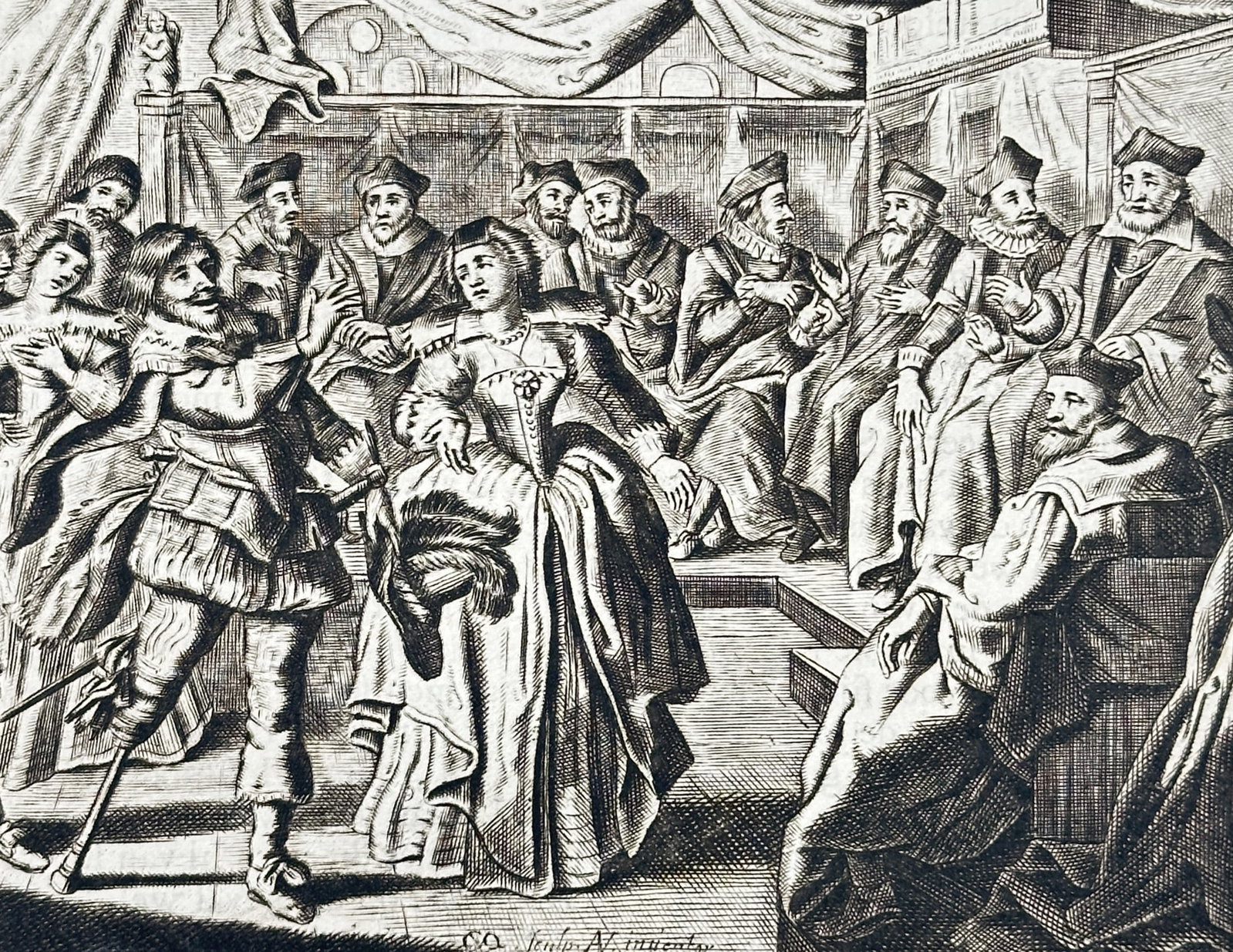Jacob Cats (1577–1660) – Frans Trouw-Geval – Woodcut (1684): This print depicts a dramatic scene from a Dutch moral tale surrounded by extensive columns of verse in Dutch. The illustration shows a group of figures in seventeenth century attire gathered in a dom