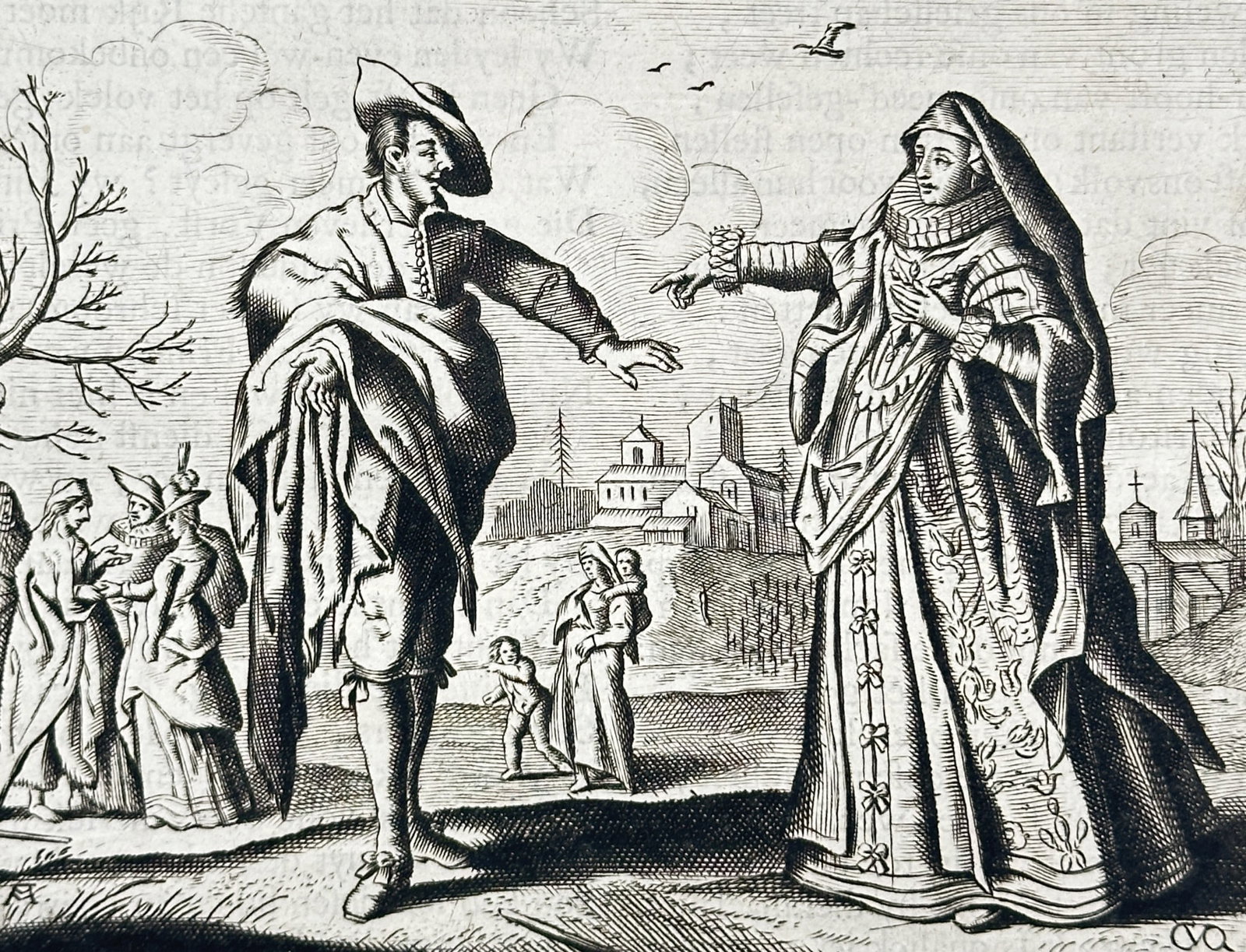 Jacob Cats (1577–1660) – Het Spaens Heydinnetje – Woodcut (1655): This print features a narrative illustration embedded within columns of Dutch text, depicting figures in a landscape setting that relates to the story of the Spanish Gypsy. The scene captures a moment