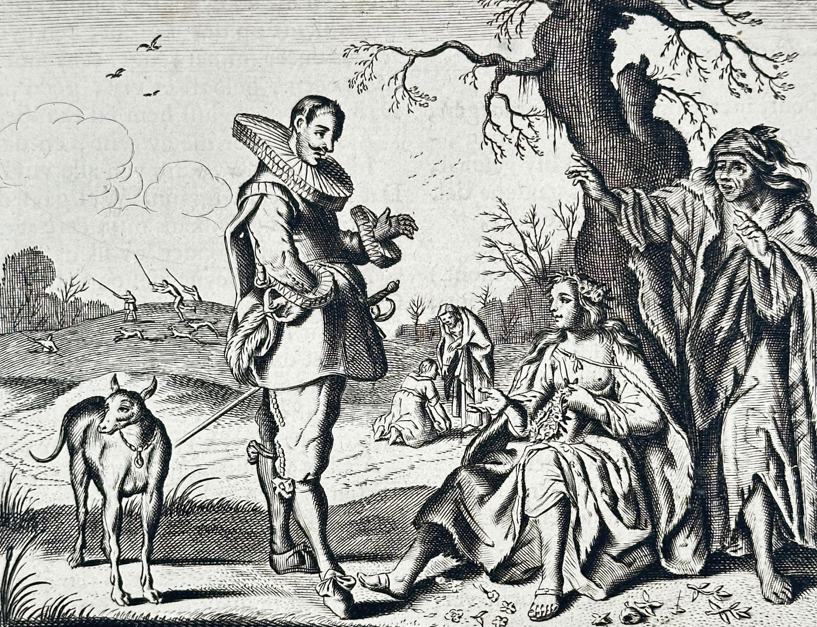 Jacob Cats (1577–1660) – Travelers – Woodcut (1655): This print features a narrative illustration embedded within columns of Dutch verse, depicting figures in a landscape setting including a woman on and a group of travelers. The scene captures a moment