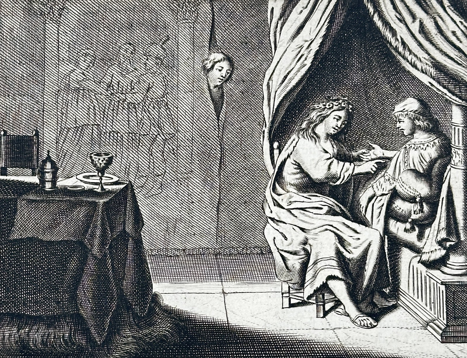 Jacob Cats (1577–1660) – The Spanish Gypsy – Woodcut (1655): This print features a narrative illustration surrounded by dense columns of Dutch verse, depicting a scene from the story of Preciosa, the titular Spanish Gypsy. The woodcut captures a pivotal interac
