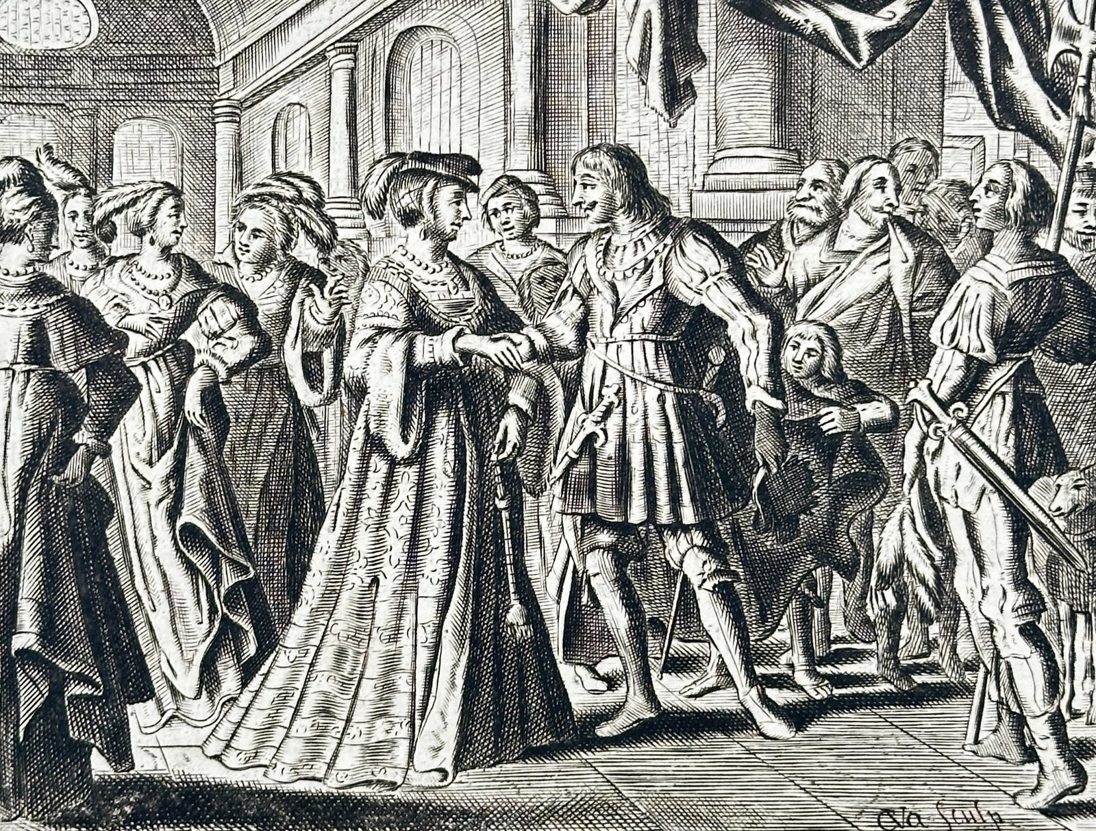 Jacob Cats (1577–1660) – The Shepherdess – Woodcut (1655): This print features a narrative illustration surrounded by columns of Dutch verse, depicting a scene from a moralizing story where multiple figures interact in a landscape or architectural setting. Th