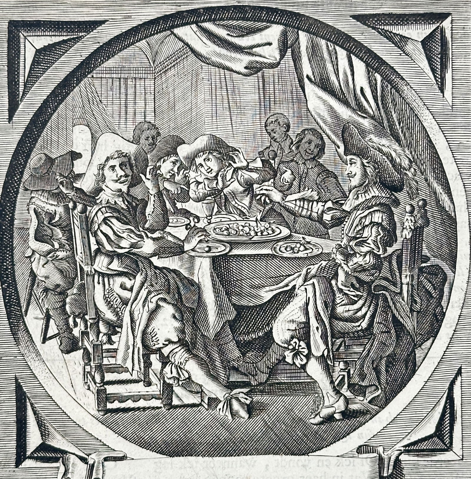 Jacob Cats (1577–1660) – Praise of a Middle-Class Life – Woodcut (1655): This print features a circular narrative illustration centered on a page of Dutch verse, depicting a group of figures gathered around a dining table in a domestic interior. The scene exemplifies the v