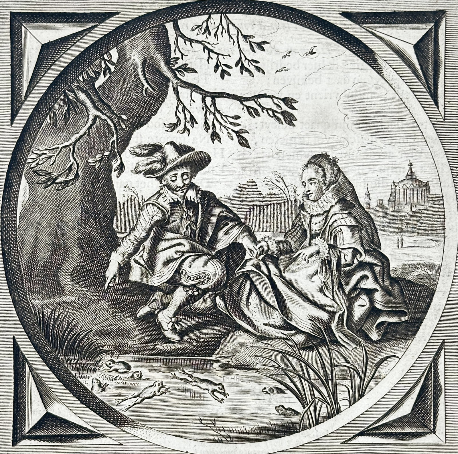Jacob Cats (1577–1660) – The Frog and the Fish – Woodcut (1655): This print features a circular narrative illustration centered within a page of Dutch and Latin verse, depicting a frog and a fish near a body of water with a castle in the background. The scene serve