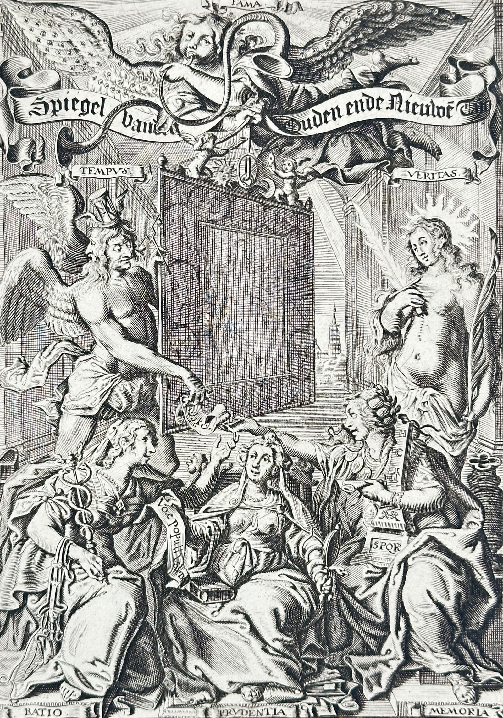 Jacob Cats (1577–1660) – Mirror of the Old and New Time – Engraving (1655): This title page features an elaborate allegorical illustration surrounded by Dutch text, serving as the frontispiece for a collection of moralizing emblems. The central image depicts various personifi