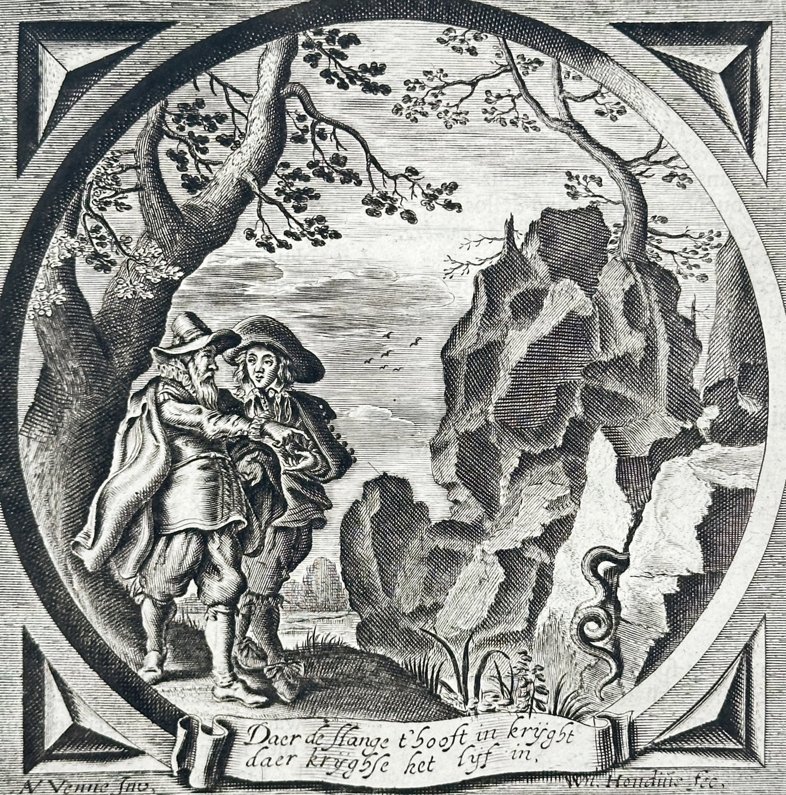 Jacob Cats (1577–1660) – Snake in the Grass – Woodcut (1655): This print features a circular narrative illustration centered on a page of Dutch and Latin verse, depicting a man and a child in a rocky landscape encountering a large snake. The scene serves as a mo