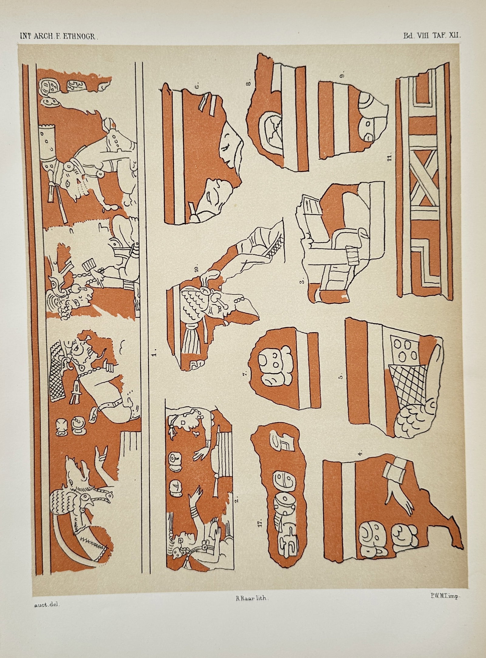 Pieter Willem Marinus Trap – Ethnographic Study of Central American Reliefs – Print (1894): This print features a series of ethnographic illustrations depicting stone relief fragments and glyphs from ancient Central American civilizations. The plate presents various archaeological findings, 
