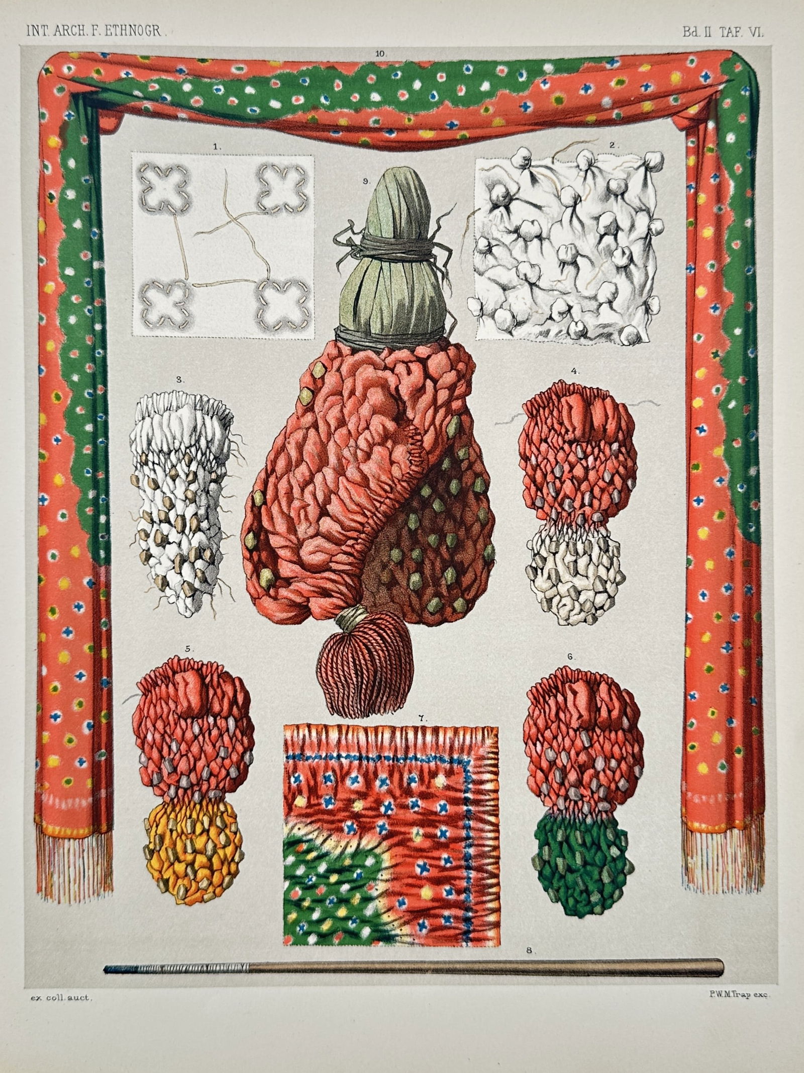 Pieter Willem Marinus Trap – Ethnographic Study of South Asian Textiles – Print (1894): This print features a collection of ethnographic illustrations documenting South Asian textile arts and decorative techniques. The plate showcases a variety of colorful fabric samples with intricate p