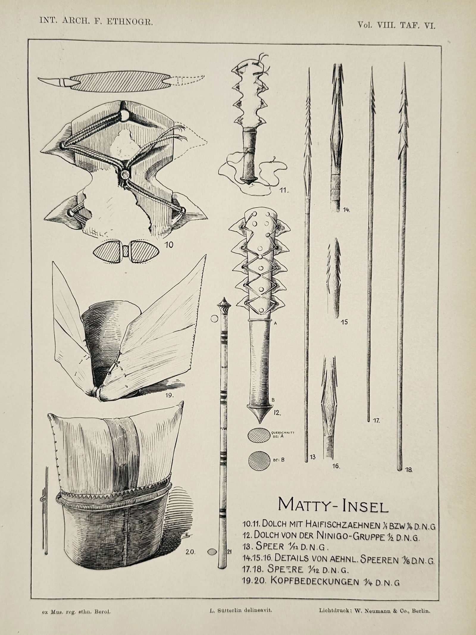 Pieter Willem Marinus Trap – Ethnographic Study of Matty Island Artifacts – Print (1894): This print features a collection of ethnographic illustrations documenting the material culture of Matty Island (Wuvulu Island). The plate depicts a series of specialized weapons and tools, including