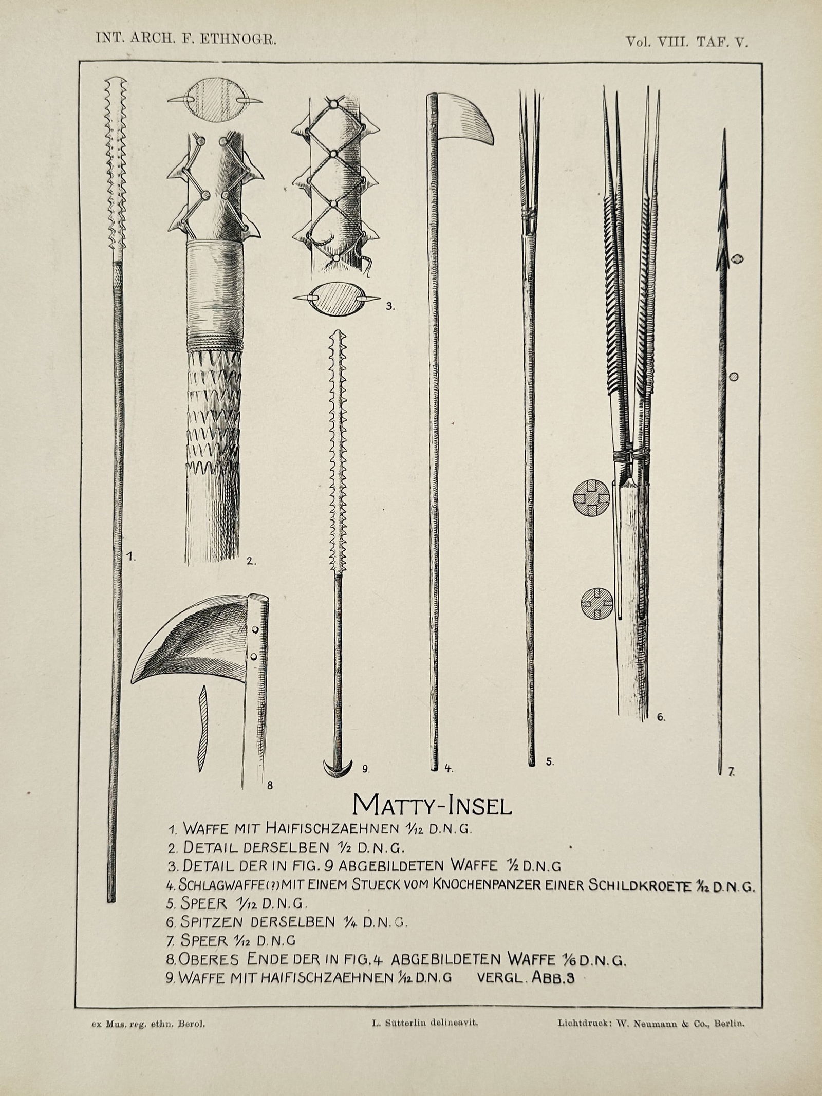 Pieter Willem Marinus Trap – Ethnographic Study of Matty Island Weapons – Print (1894): This print features a collection of ethnographic illustrations documenting specialized weaponry from Matty Island (Wuvulu Island). The plate depicts several types of spears with barbed or serrated tip