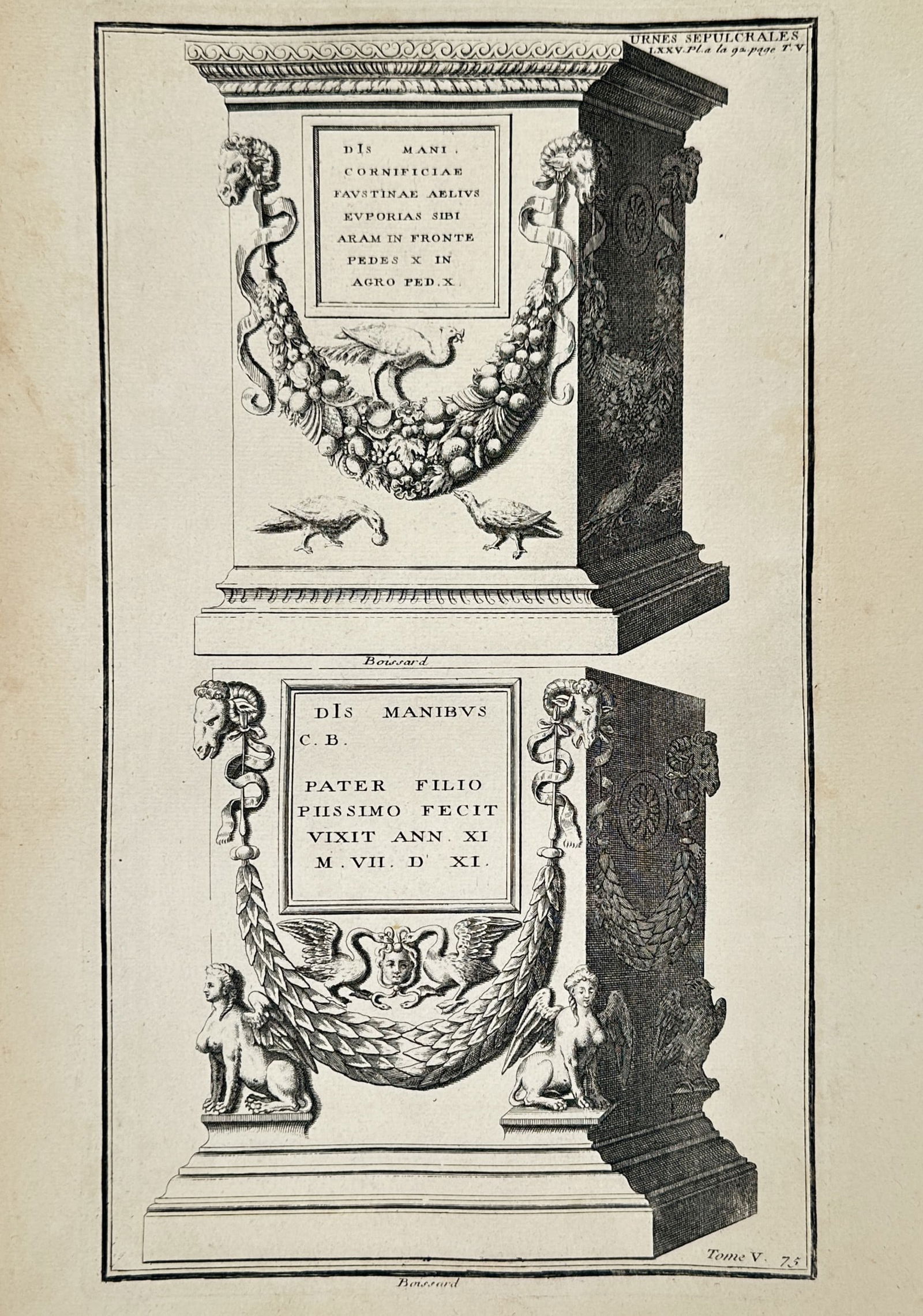 Bernard de Montfaucon (1655–1741) – Roman Sepulchral Urns – Engraving (1719): This print features detailed ethnographic illustrations of two ornate Roman sepulchral urns, shown in profile to highlight their architectural form and decorative carvings. The urns are adorned with c