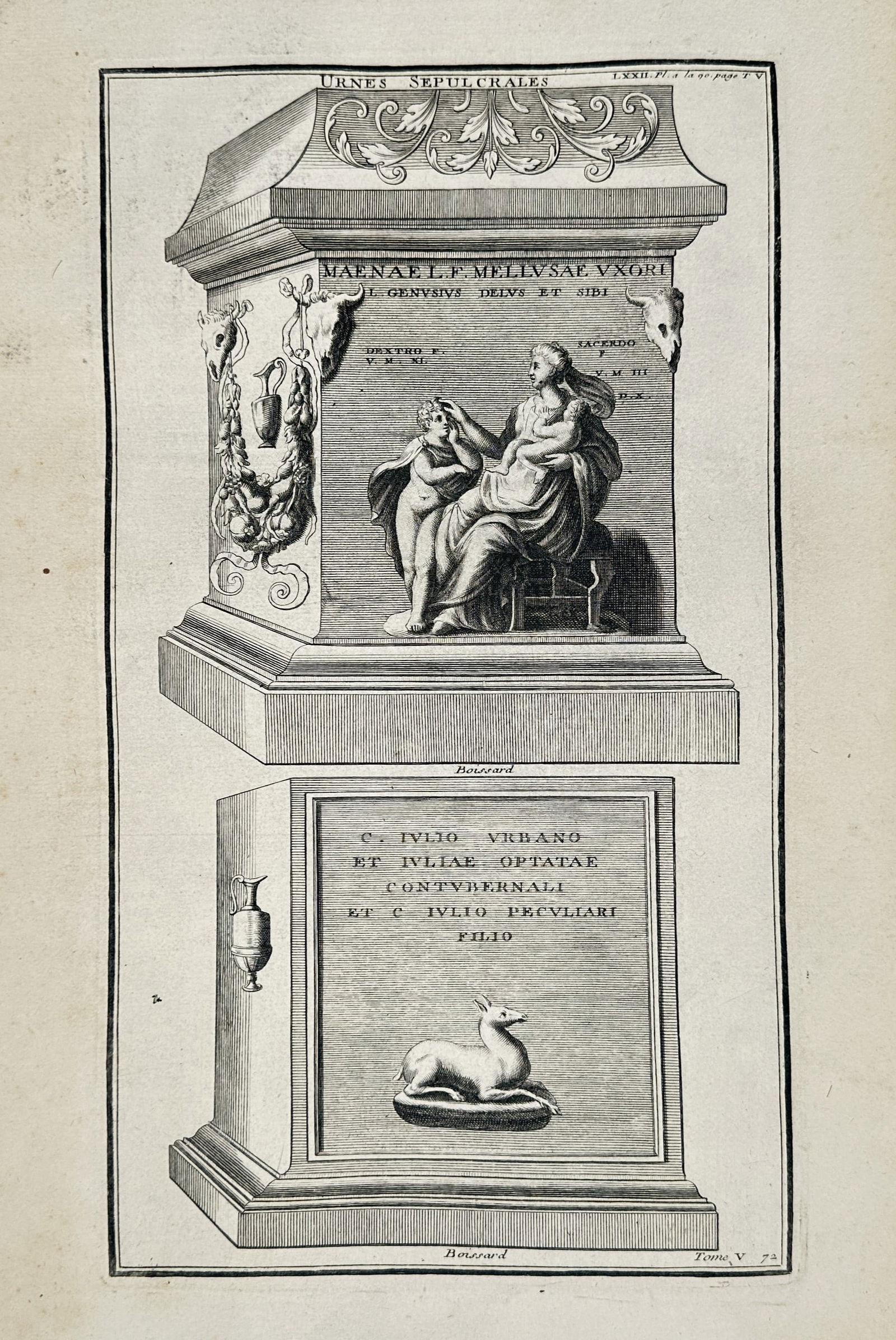 Bernard de Montfaucon (1655–1741) – Architectural elevations – Engraving (1719): This print features ethnographic illustrations of two distinct Roman sepulchral urns, presented as architectural elevations to highlight their decorative programs. The urn on the left is adorned with