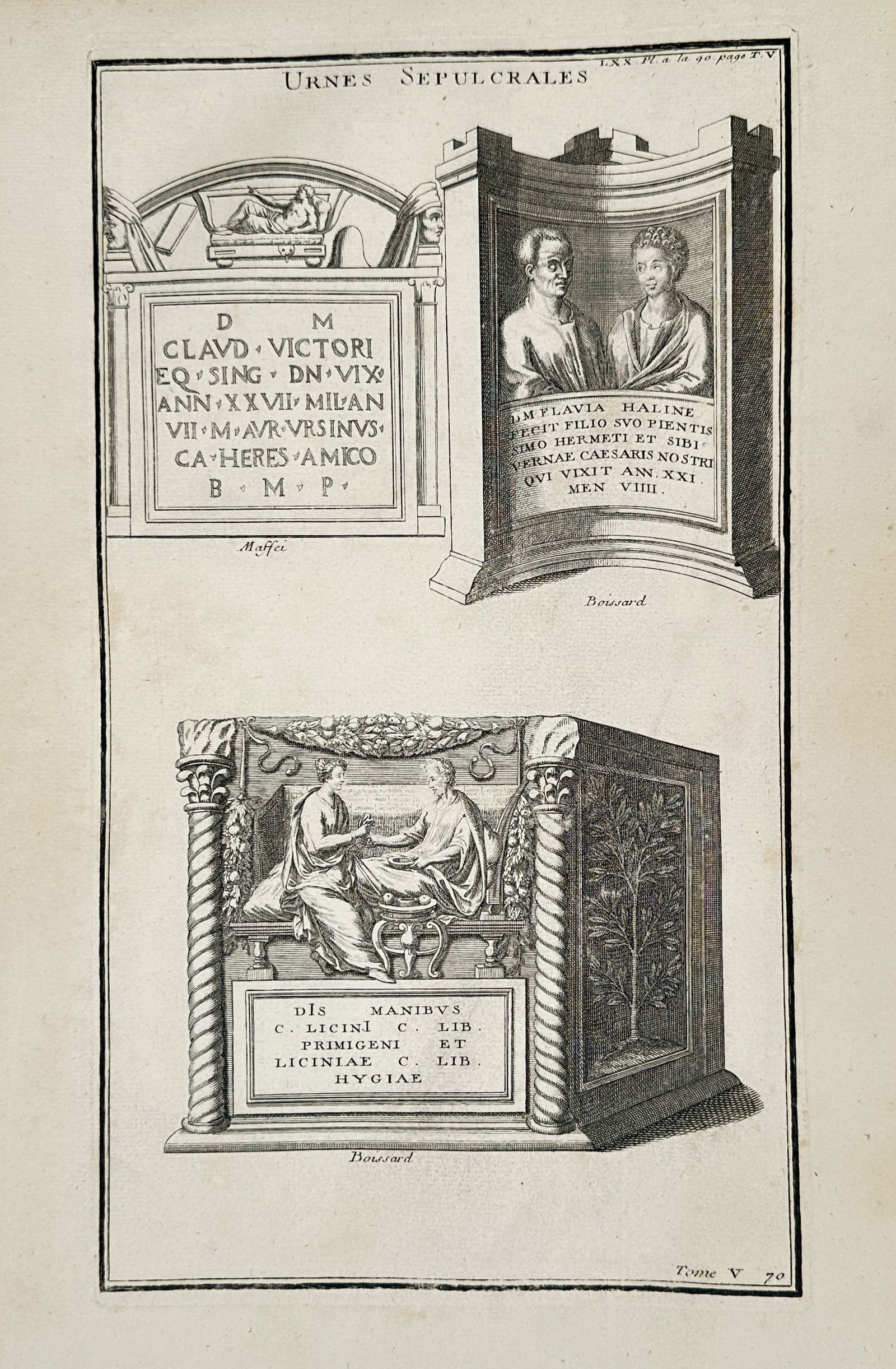 Bernard de Montfaucon (1655–1741) – Roman Sepulchral Urns of Urbanus and Melia: This print features ethnographic illustrations of two distinct Roman sepulchral urns, presented as architectural elevations to highlight their decorative programs. The urn on the left is adorned with