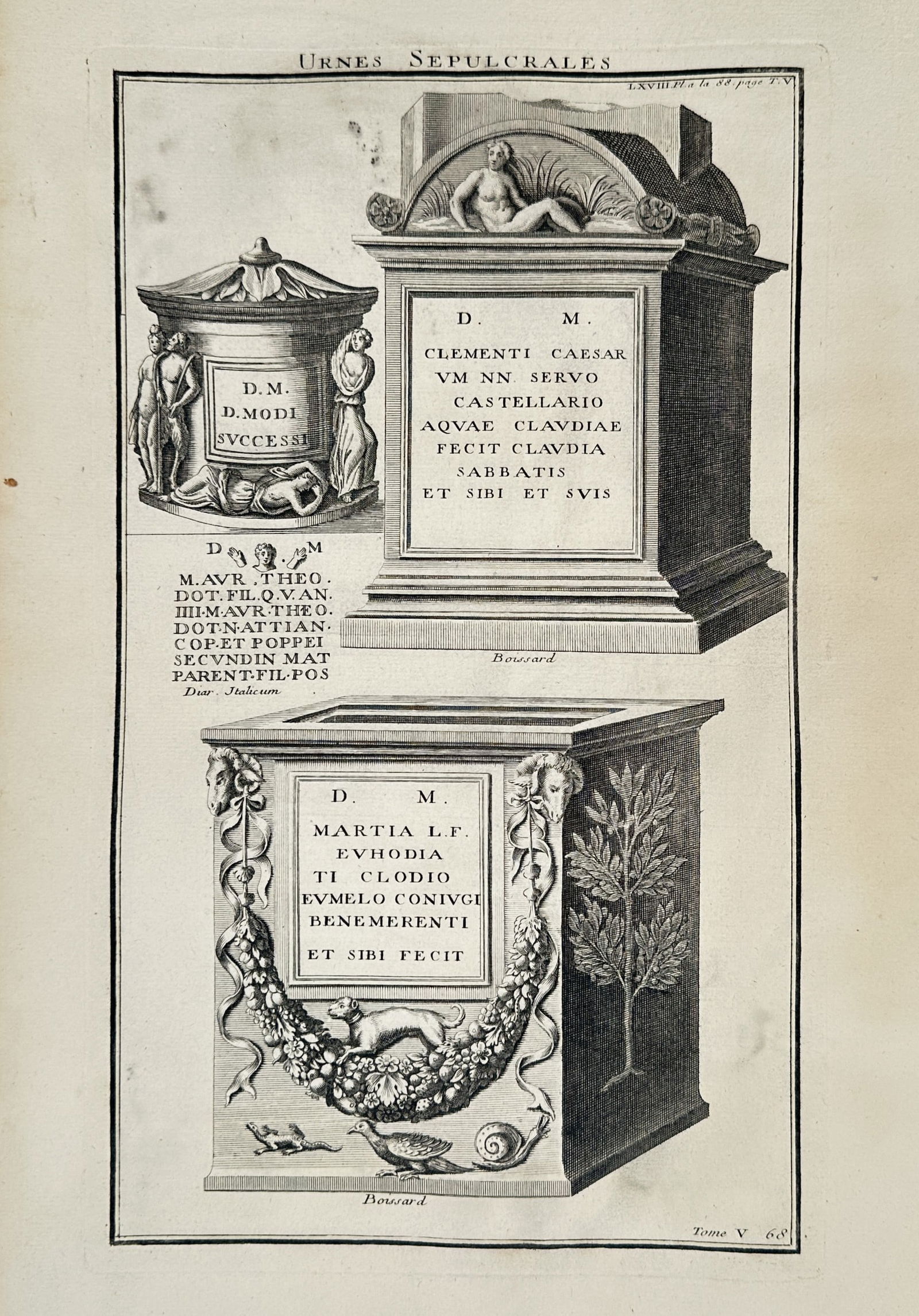 Bernard de Montfaucon – Roman Sepulchral Urns of Victor and Haline – Engraving (1719): This print features ethnographic illustrations of three distinct Roman funerary monuments, presented to show their diverse architectural forms and inscriptions. The largest structure on the left is an