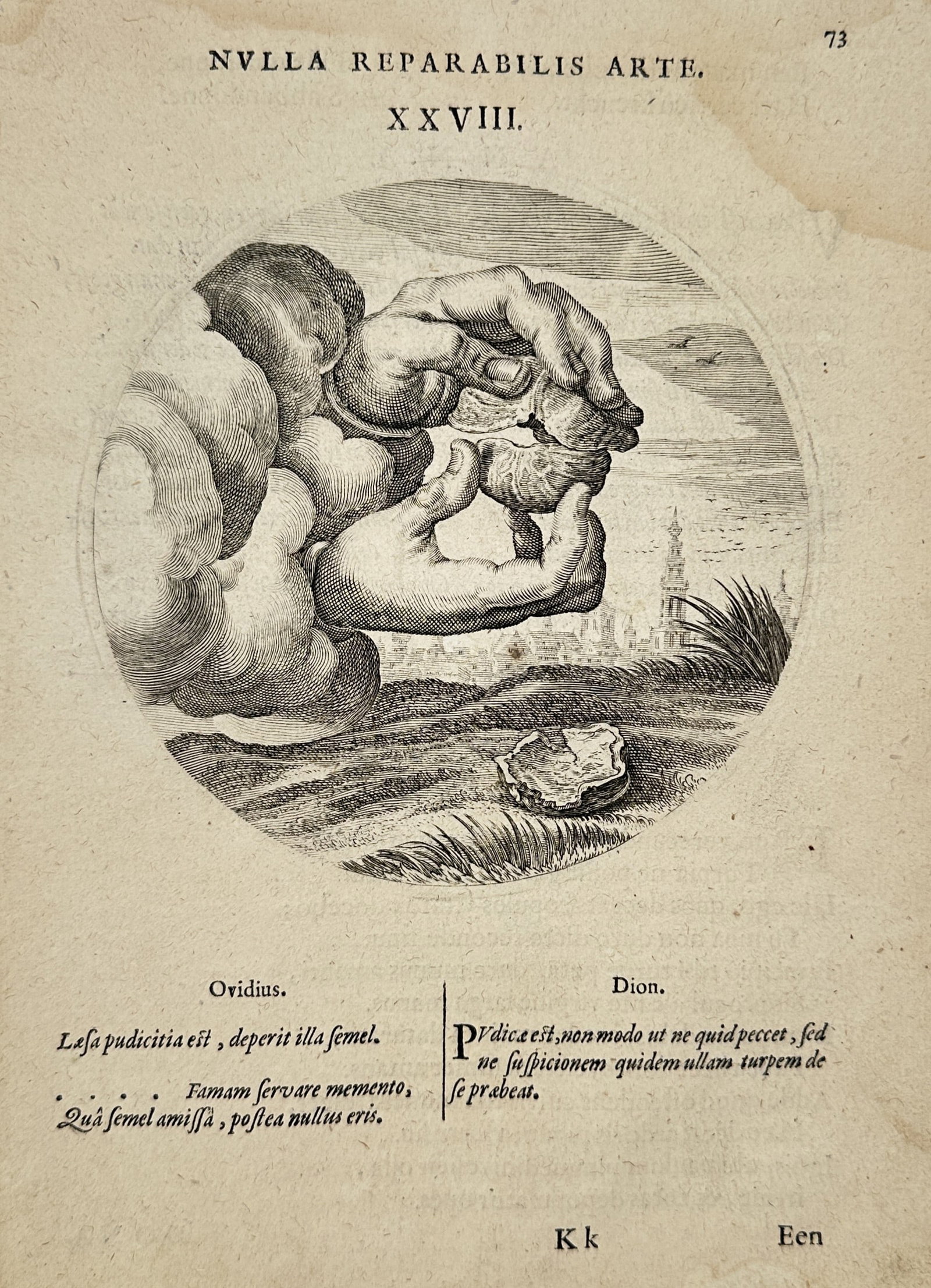 Jacob Cats (1577–1660) – No Virtue Can Restore Lost Honor – Woodcut (1655): This print features a circular narrative illustration centered on a page of Latin verse by Ovid and Dion, depicting two hands emerging from the clouds carefully holding a delicate, broken object, like