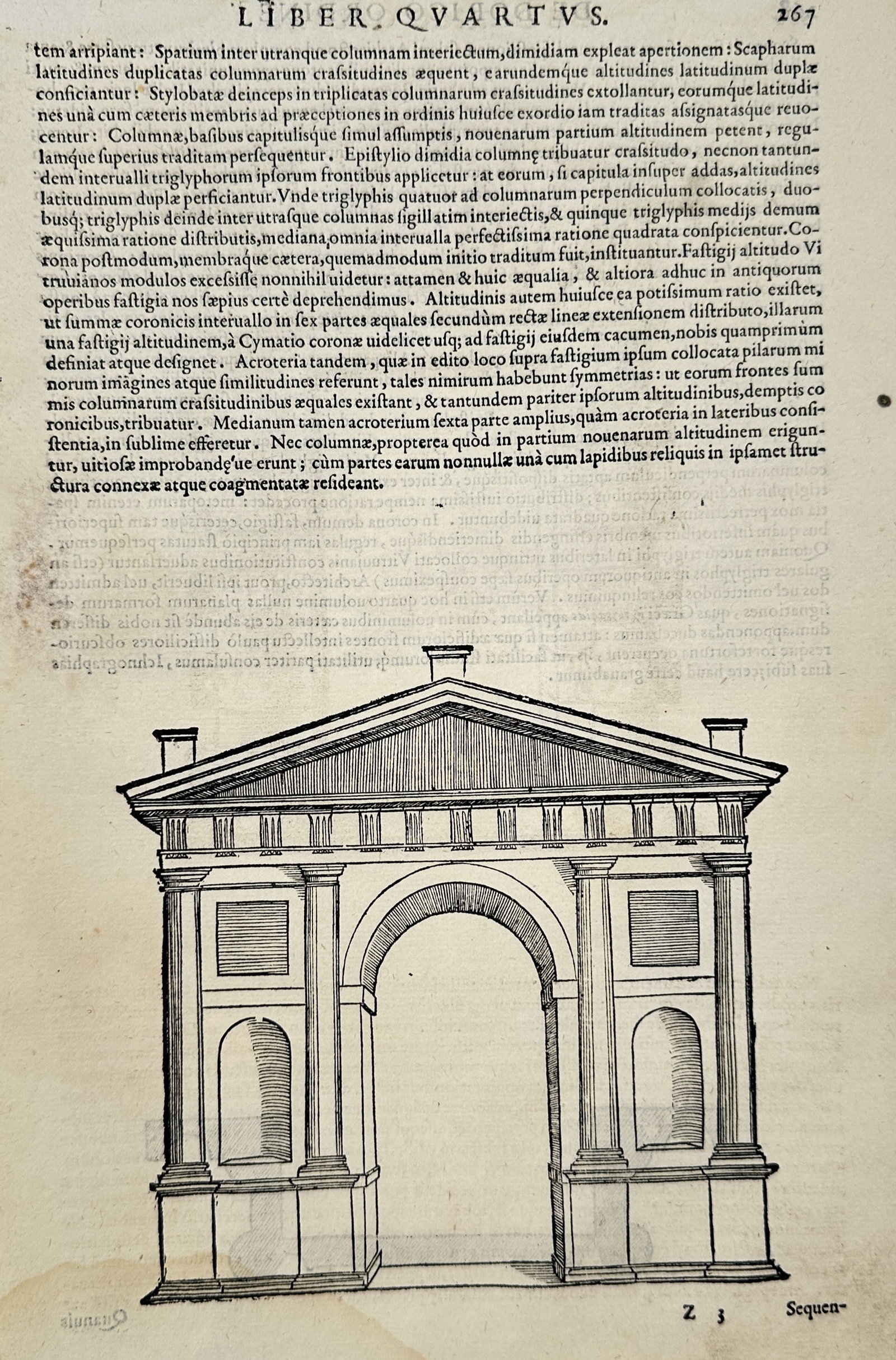 Sebastiano Serlio (1475–1554) – Architectural Facade Frieze – Woodcut (1537): This print features a technical architectural elevation of a classical facade, focusing on the refined proportions of the Doric order as part of a study for architectural portals. The Hand-colored Eng