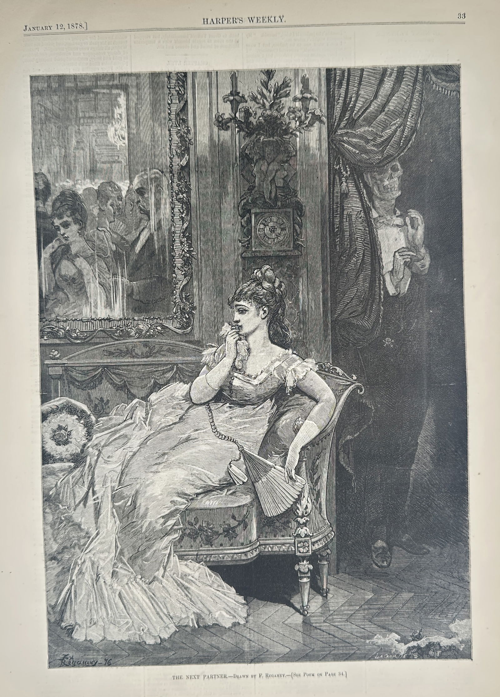 Harper's Weekly – The Next Partner – Wood Engraving (1878): This print features a narrative scene titled The Next Partner, depicting an elegant woman in a formal gown seated in an ornate interior during a ball. She holds a fan and gazes pensively toward the ba