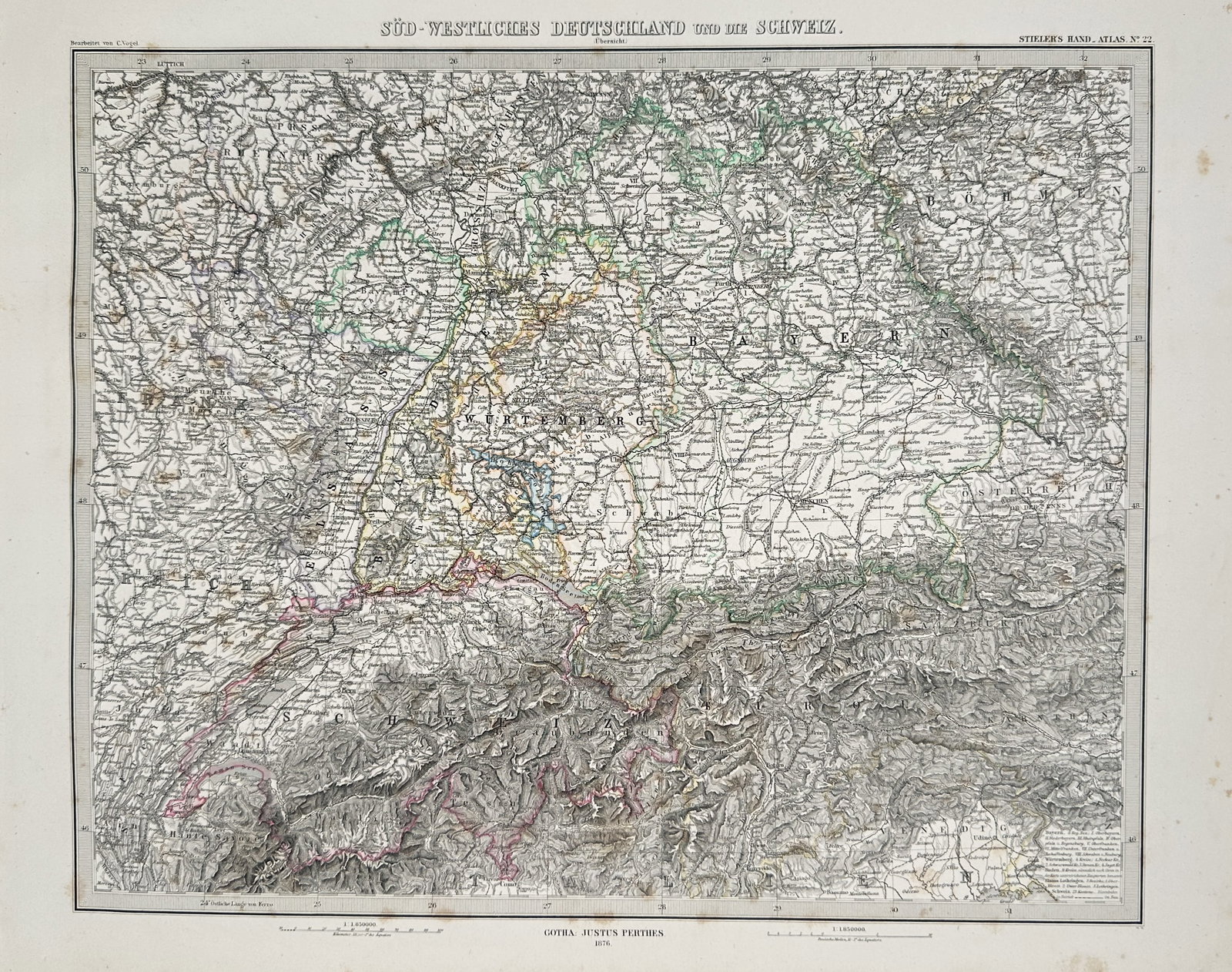 Adolf Stieler (1775–1836) – Map of Southwest Germany and Switzerland – Engraving (1876): This print features a highly detailed topographical map of Southwest Germany and Switzerland, including the regions of Baden, Württemberg, and the Alps. The map utilizes intricate line work and subtl