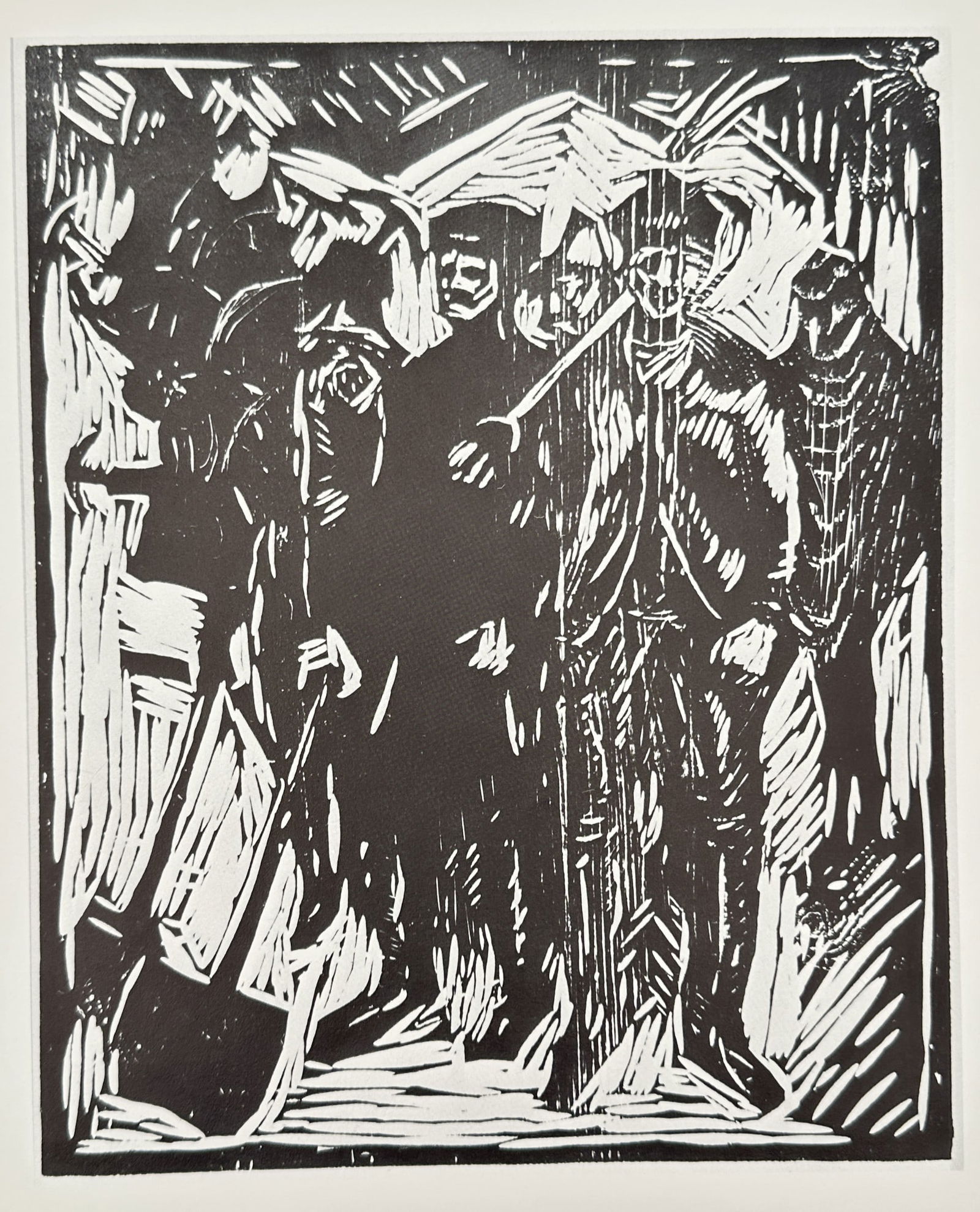 Edvard Munch (1863–1944), after – The Funeral – Offset print (20th Century): This print features a somber and expressive scene titled The Funeral (Begravelsen), depicting a group of mourners gathered around a grave. The composition is rendered in the stark, high-contrast style