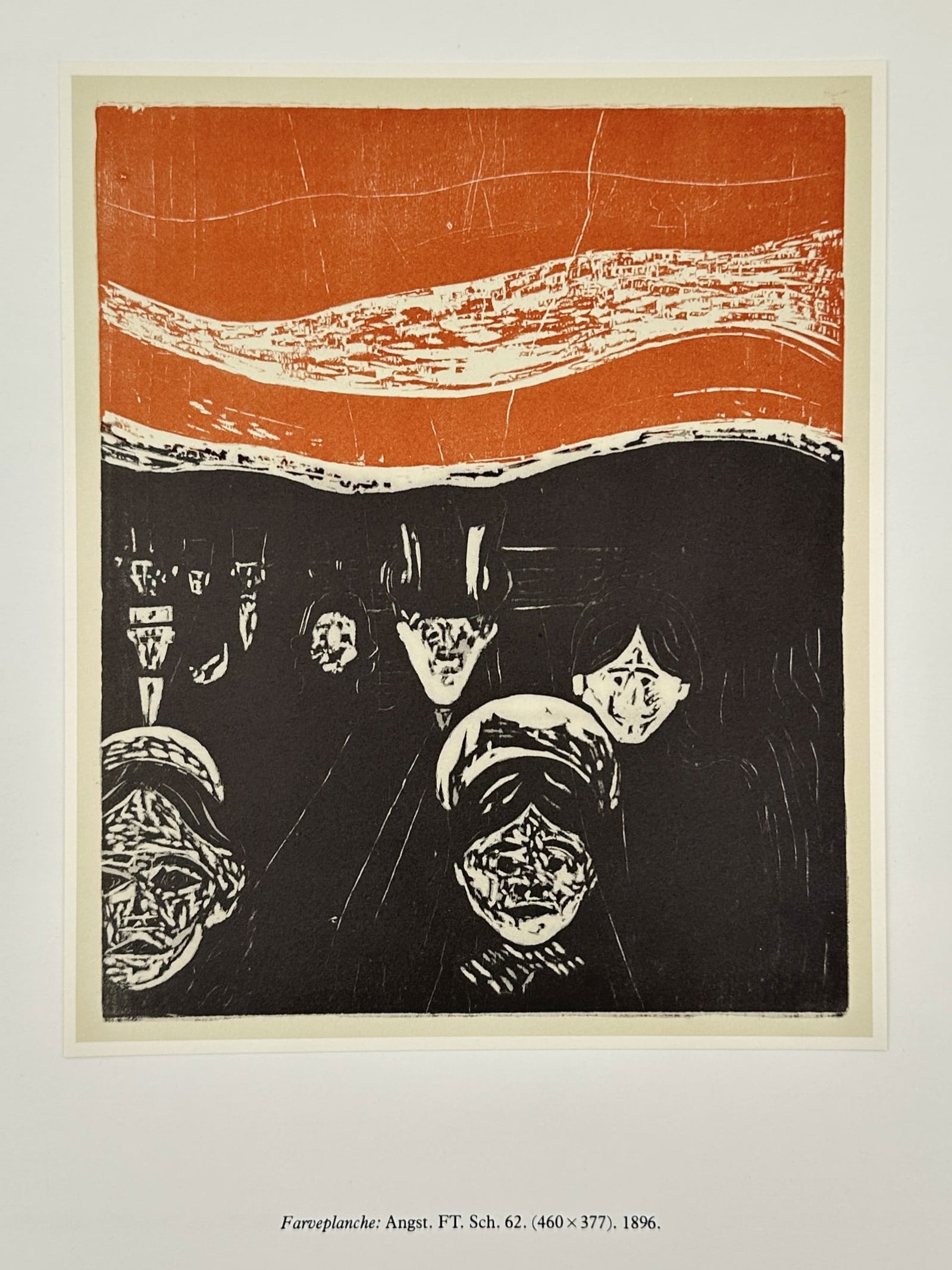 Edvard Munch (1863–1944), after – Anxiety – Offset print (20th Century): This print features a haunting and symbolic scene titled Anxiety (Angst), depicting a procession of somber figures with pale, mask-like faces moving toward the viewer under a turbulent, blood-red sky.
