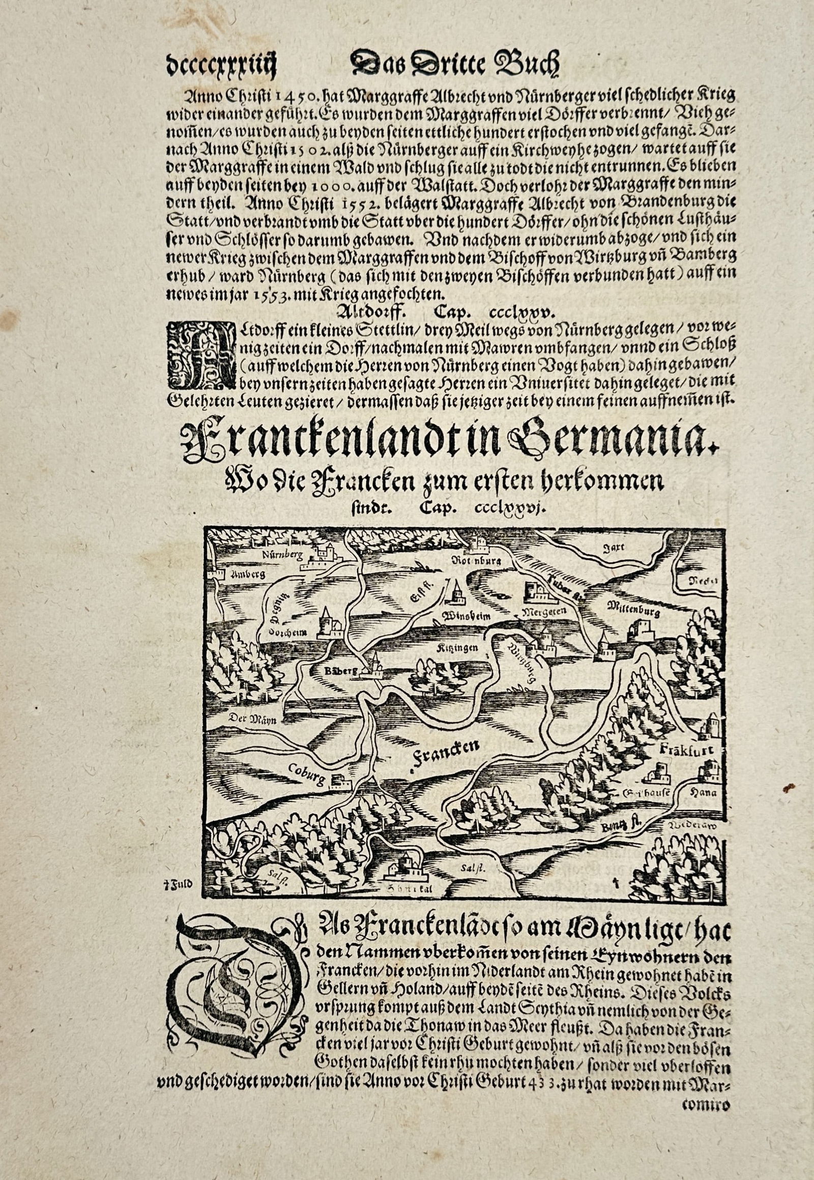 Sebastian Münster (1488–1552) – View of Franconia – Woodcut (c. 1550): This print features a sixteenth-century woodcut map of the Franconia region in Germany, centered on the Main River and highlighting prominent cities such as Nuremberg (Nürnberg), Bamberg, Würzburg,