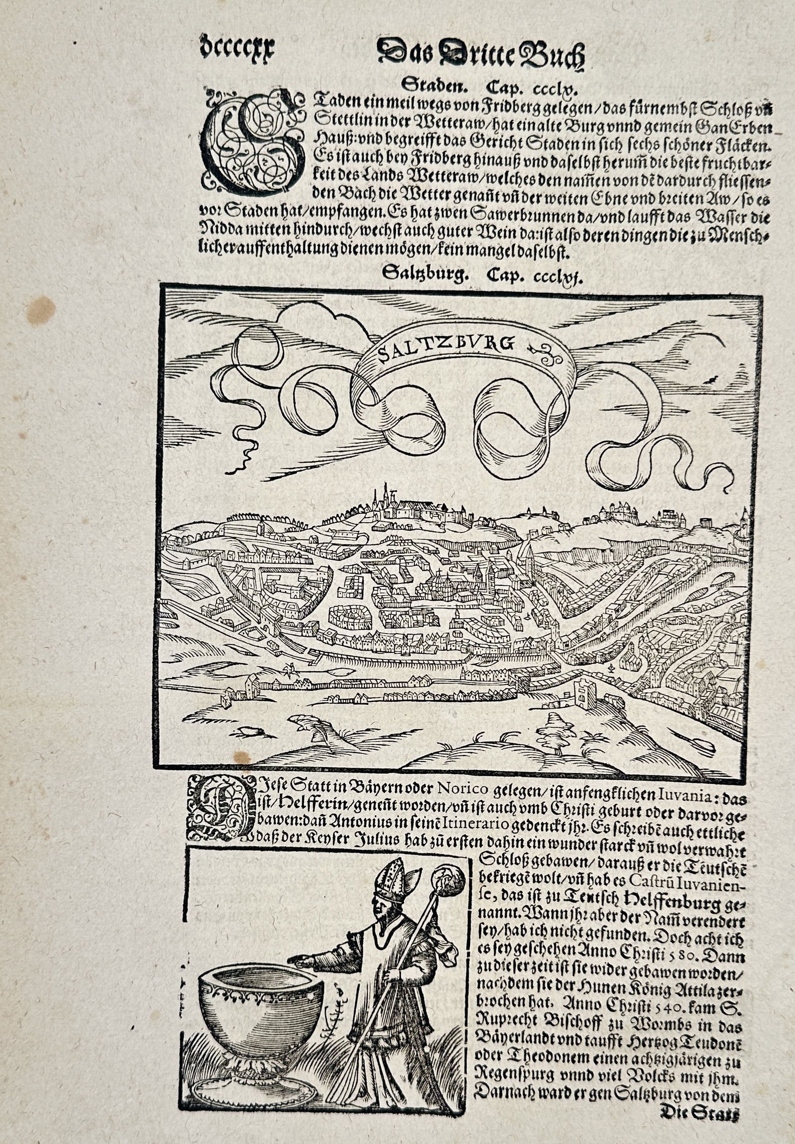 Sebastian Münster (1488–1552) – View of Salzburg – Woodcut (c. 1550): This print features a panoramic sixteenth-century woodcut view of Salzburg, Austria, capturing the city’s historic layout along the banks of the Salzach River, dominated by the Hohensalzburg Fortres