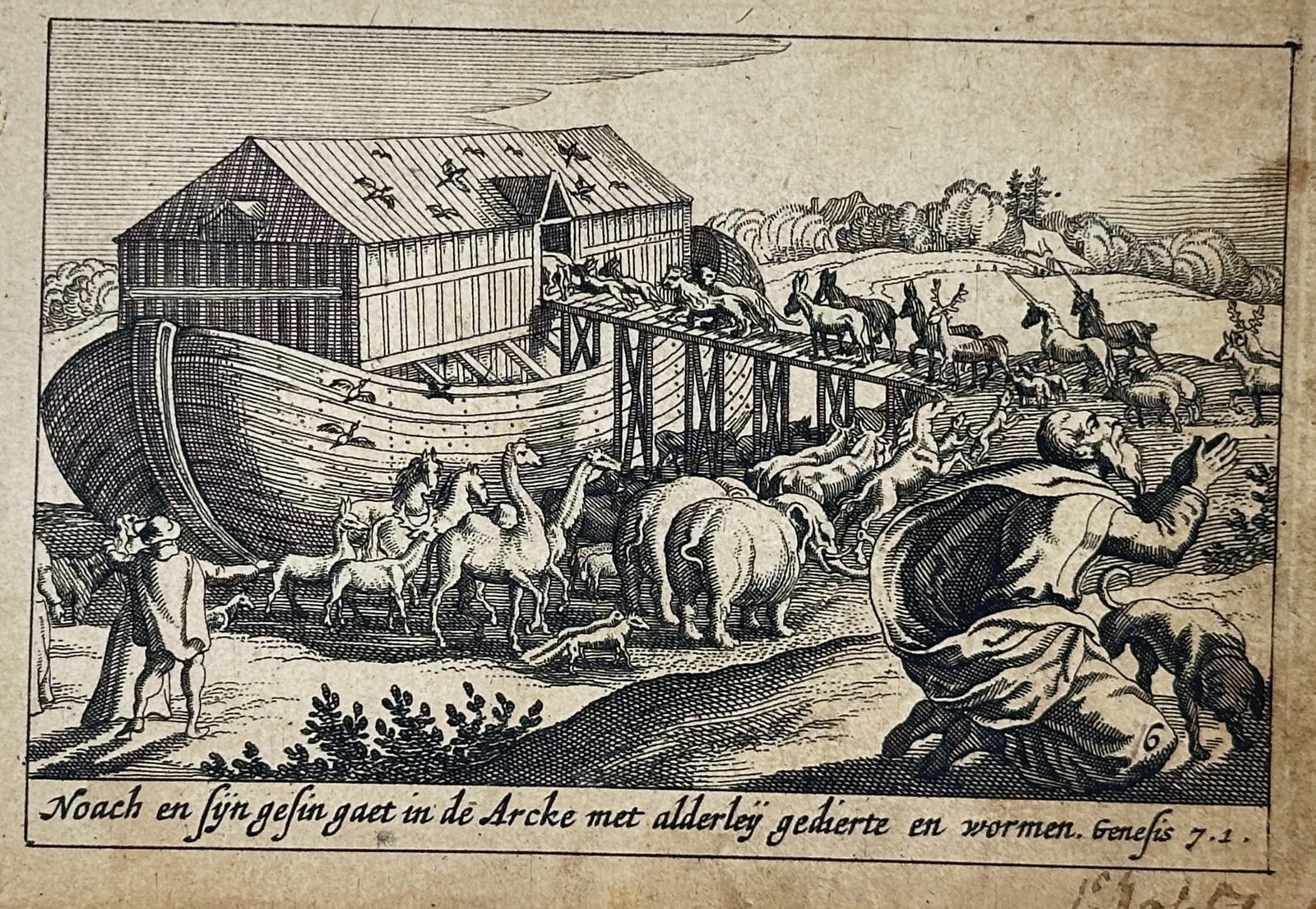 Pieter Hendriksz. Schut (1618–1660) – Noah and his family enter the Ark with all kinds of: This print features a biblical scene titled Noach en sijn gesin gaet in de Arcke met alderley gedierte en wormen, depicting the gathered animals boarding the vessel before the Great Flood. The composi