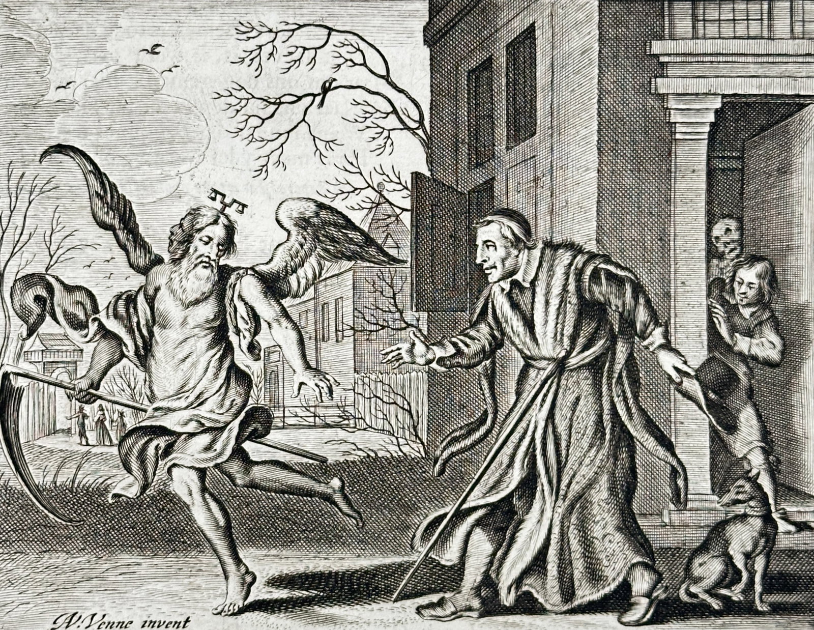 Jacob Cats (1577-1660) – Father Time and the Human Life – Engraving (1658): "J. Cats Ouderdom." This engraving illustrates Father Time as an elderly winged figure holding a scythe, interacting with a younger man in a doorway, which serves as a moral allegory for the inevitabl