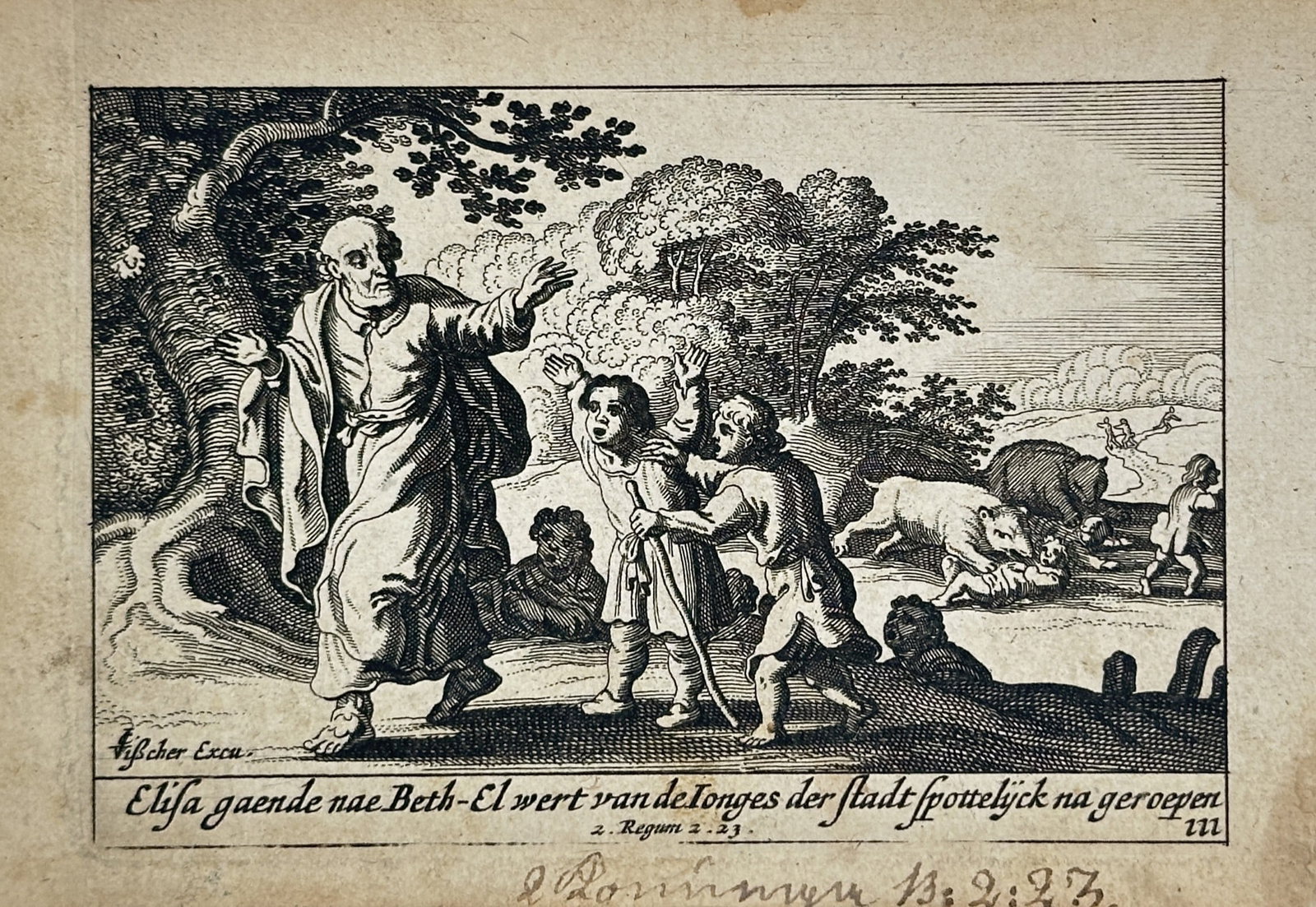 Pieter H. Schut (c. 1619-1660) – Elisha and the Mocking Children – Engraving (1658) (1 of 2)