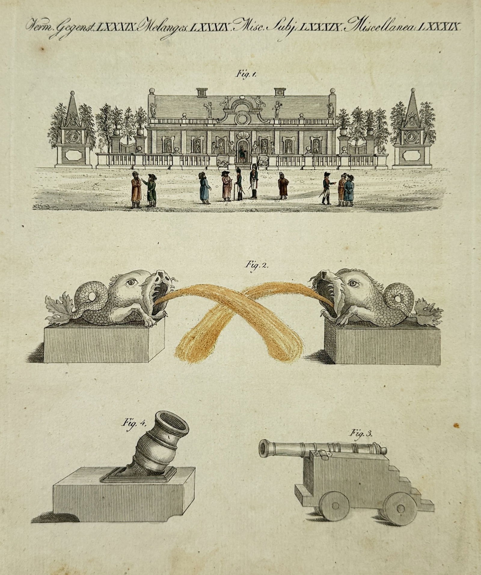 Friedrich Justin Bertuch (1747–1822) – Military Architecture and Artillery: "Chem. Gegenst. LXXXIX. Melanges LXXXIX. Misc. Subj. LXXXIX. Miscellanea LXXXIX." This hand-coloured engraving illustrates a variety of technical and military subjects across four separate figures. Th
