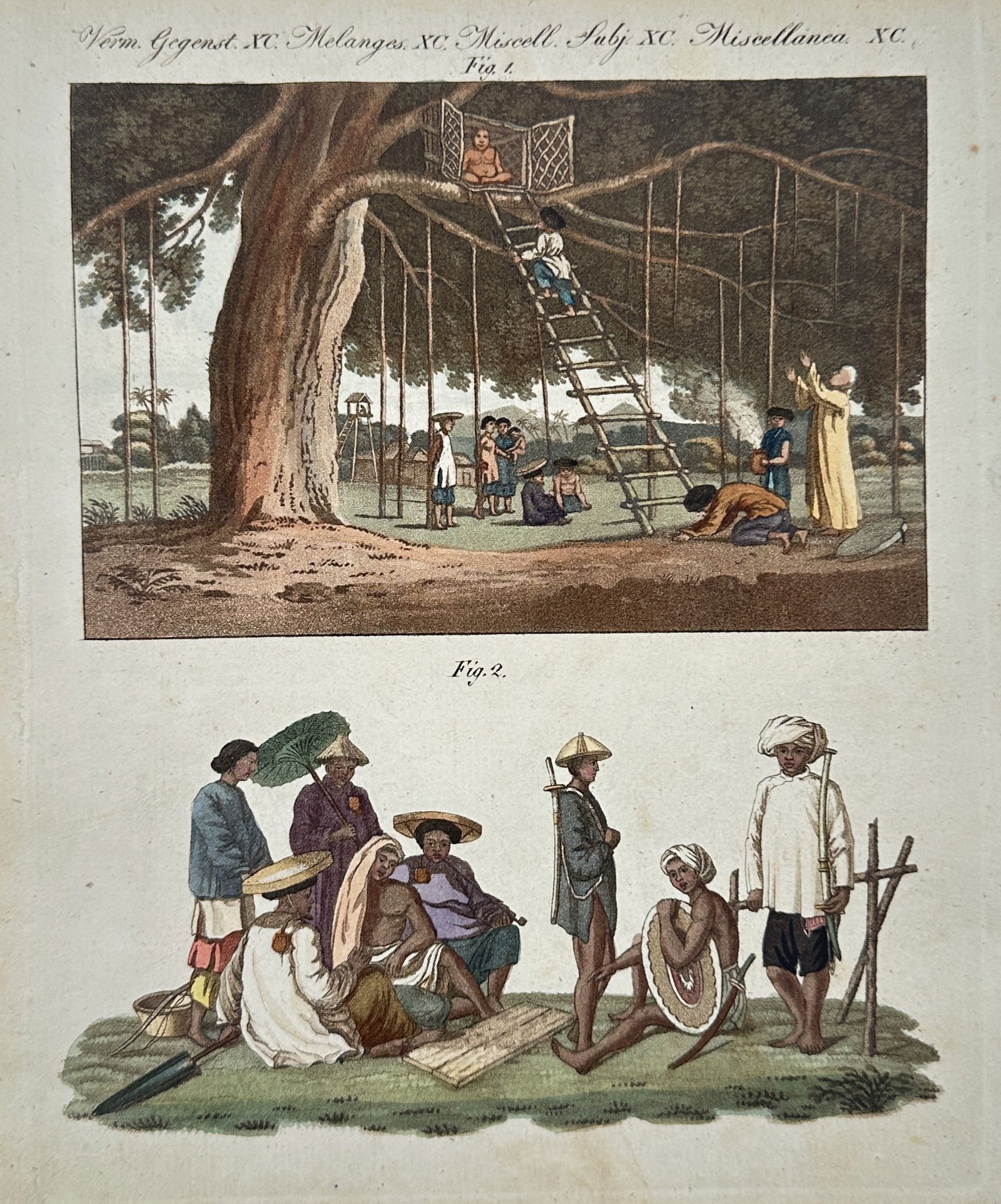 Friedrich Justin Bertuch (1747–1822) – Cultural Studies of Southeast Asia – Hand-coloured: "Verm. Gegenst. XC. Melanges. XC. Miscell. Subj. XC. Miscellanea. XC." This hand-coloured engraving illustrates diverse cultural practices and ethnographic subjects from Southeast Asia across two dist