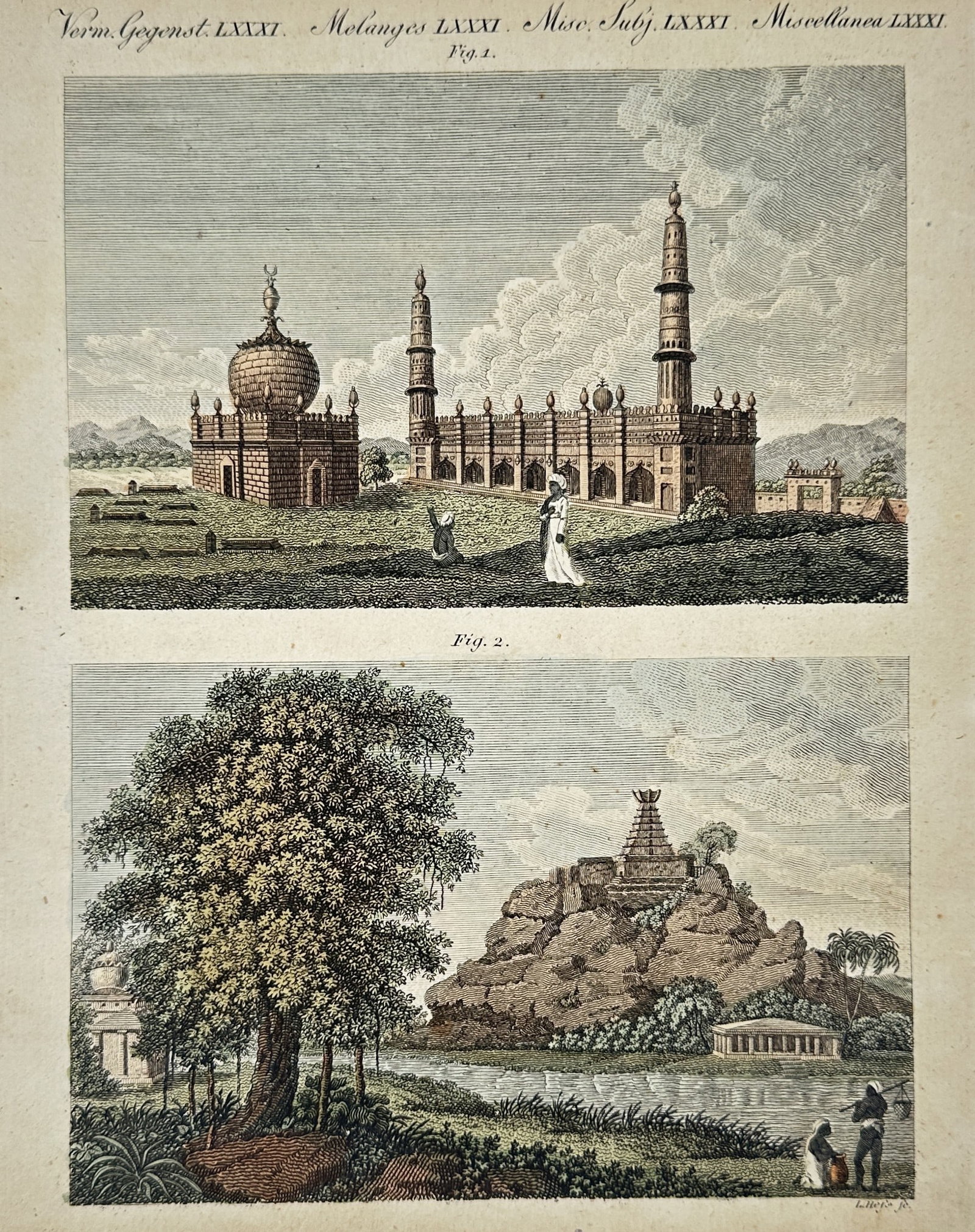 Friedrich Justin Bertuch (1747–1822) – Neoclassical and Hindu Architecture – Hand-coloured: "Verm. Gegenst. LXXXI. Melanges LXXXI. Misc. Subj. LXXXI. Miscellanea LXXXI." This hand-coloured engraving illustrates two distinct architectural views. The first depicts an expansive neoclassical pal