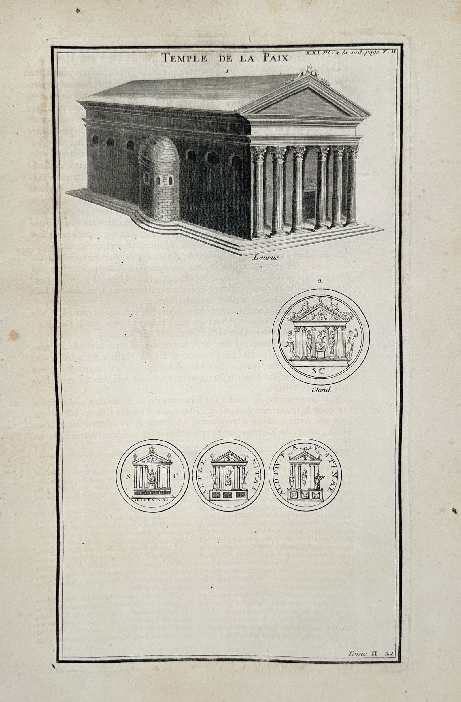 Bernard de Montfaucon – Architectural Perspective of the Temple of Peace - Engraving (1719: Temple de la Paix illustrates a significant architectural perspective of a classical rectangular temple featuring a prominent colonnaded portico and a detailed side elevation with arched windows. The