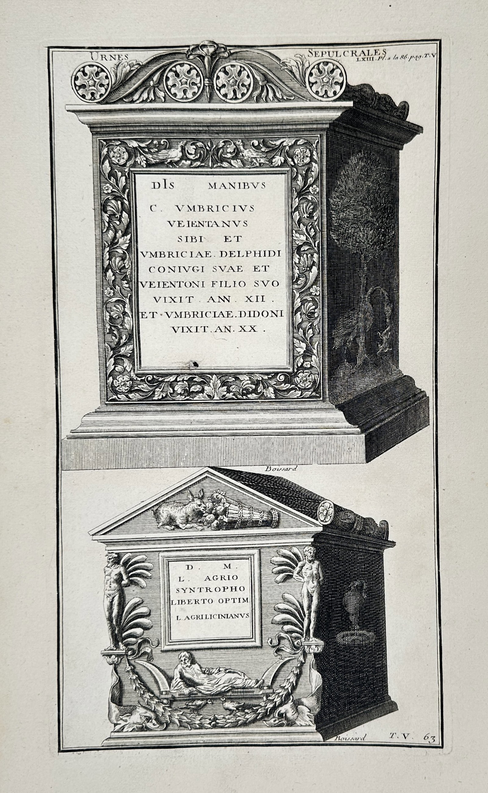 Bernard de Montfaucon – Studies of Roman Sepulchral Pedestals and Ornate Sarcophagi - Engraving (1 of 2)