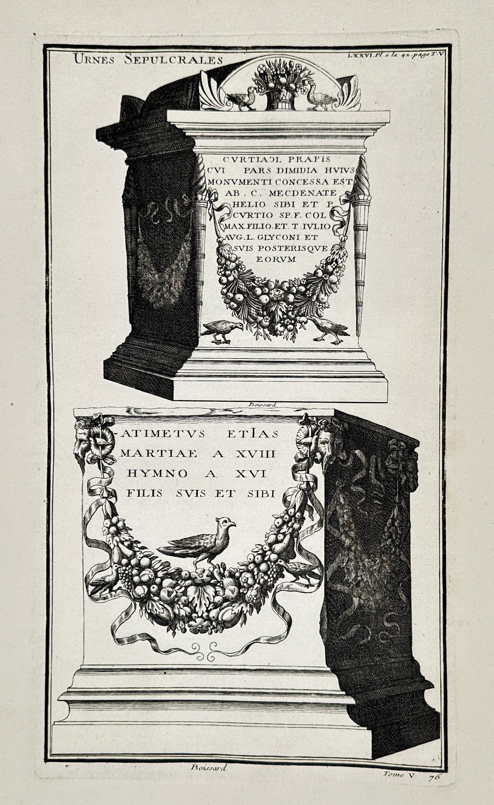 Bernard de Montfaucon – Studies of Roman Sepulchral Pedestals and Floral Garlands - Engraving (1 of 2)