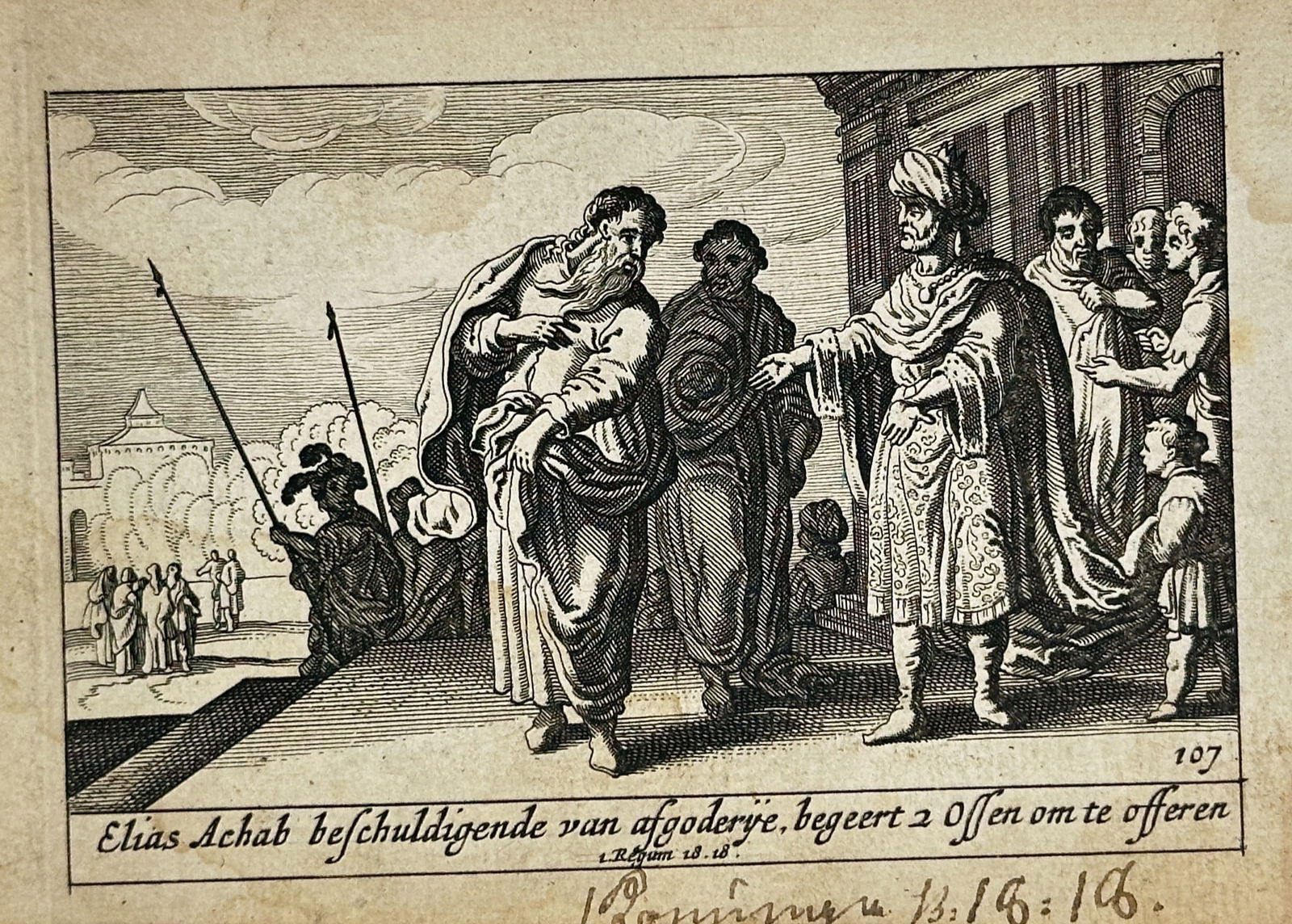 Pieter H. Schut (1618-1660) – Elijah Accusing Ahab of Idolatry – Engraving (1658) (1 of 2)
