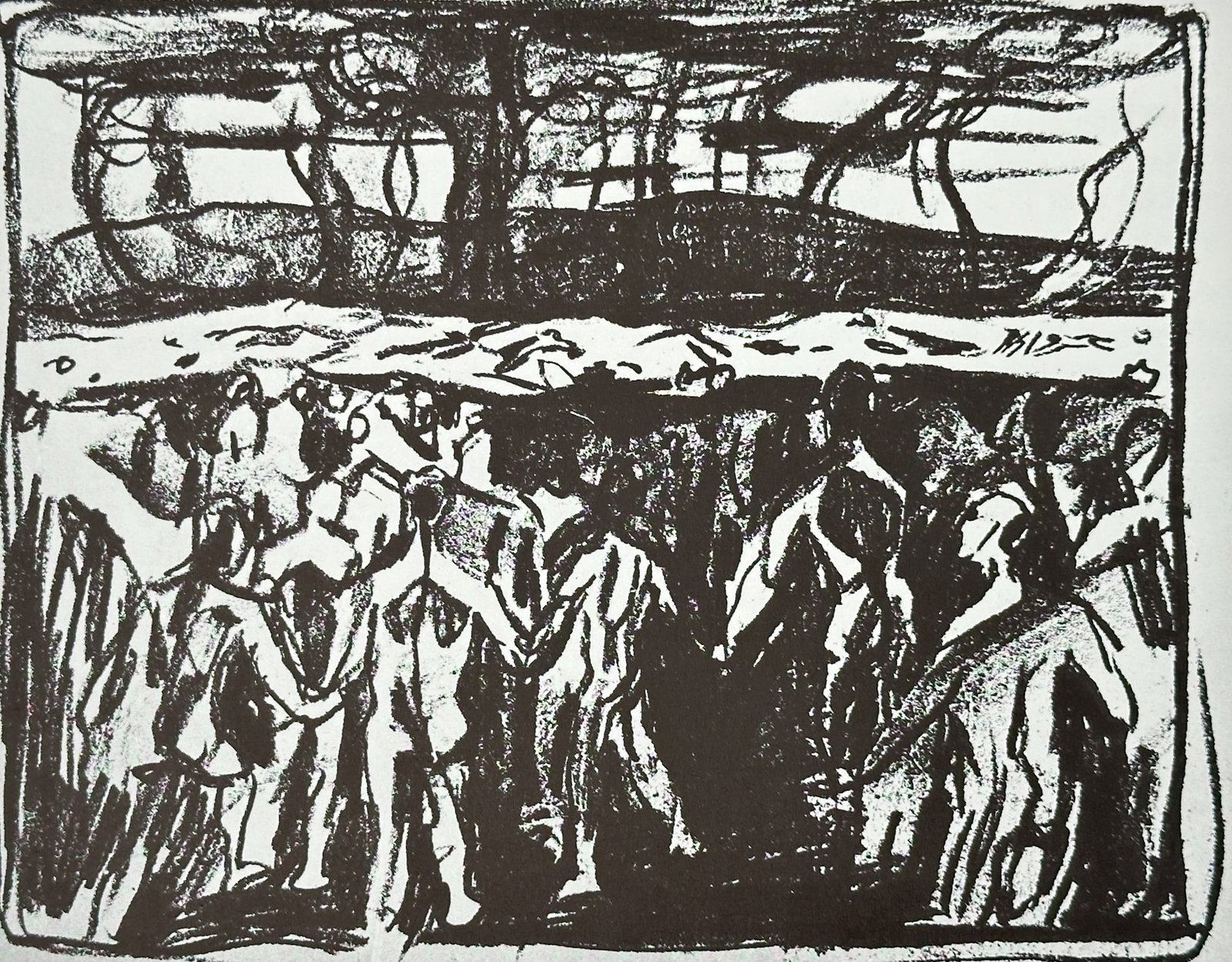 Edvard Munch (1863-1944), after – Bathing Men – Offset print (20th Century): "Bading" depicts a group of male figures in various poses of movement and resting along a coastline or shoreline. This offset print was published in the 20th century as part of the Edvard Munchs Grafi