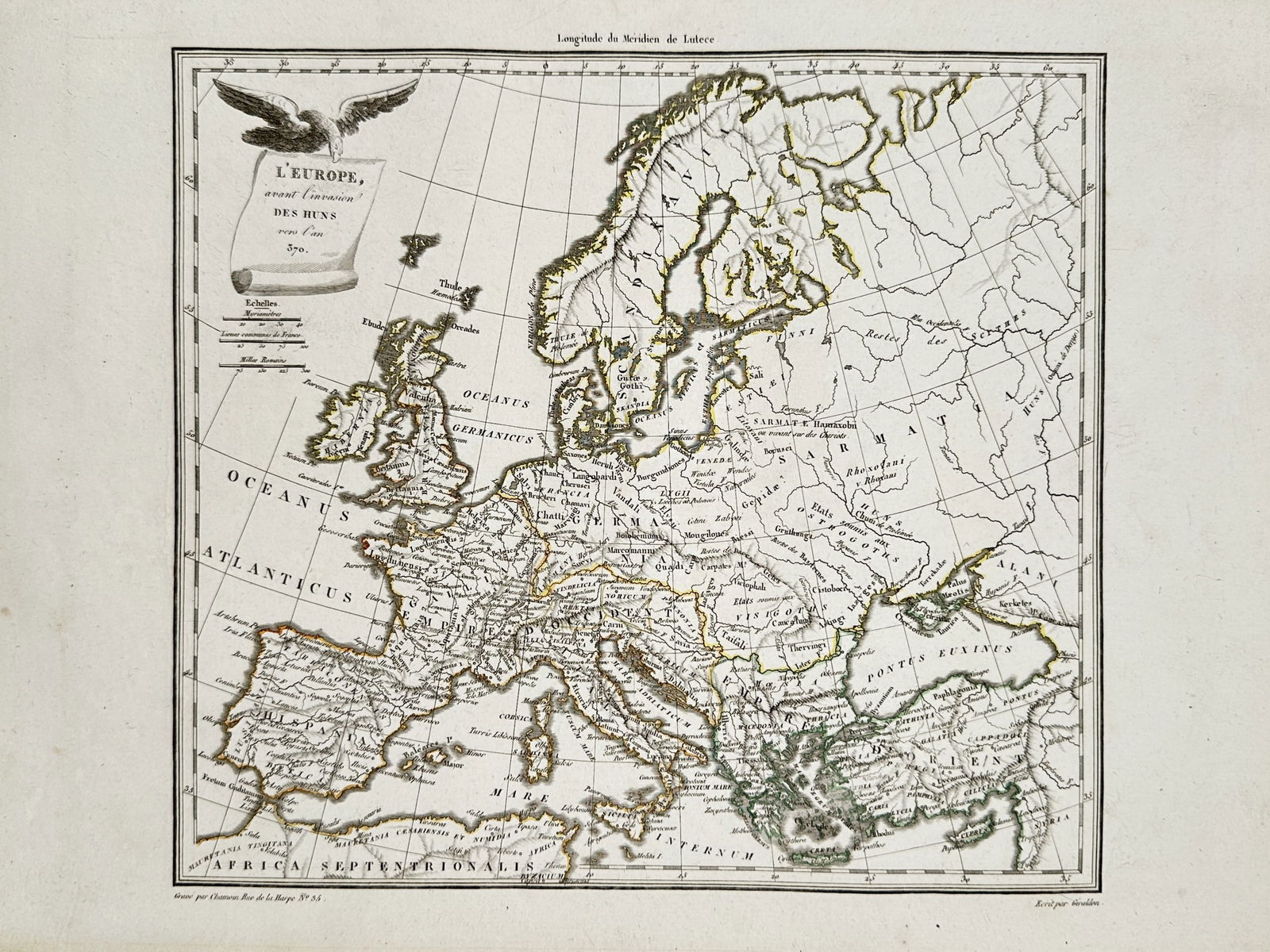 Conrad Malte-Brun – Map of Europe avant l'invasion des Huns vers l'an 370 – hand-colored (1 of 3)