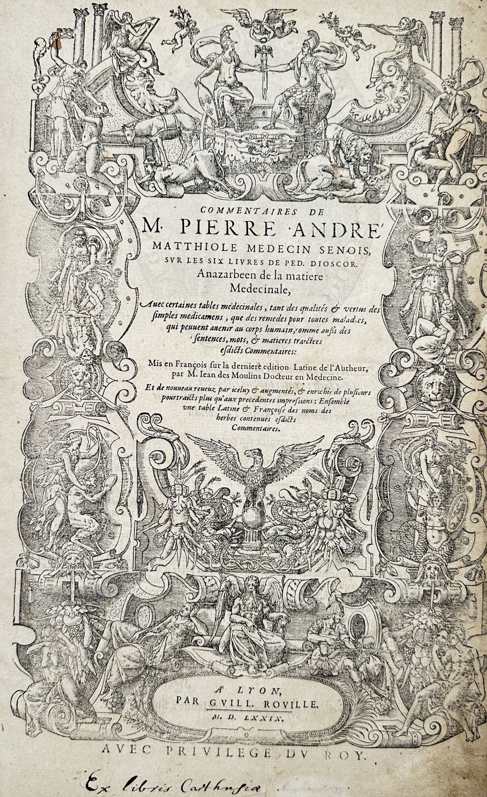 Pietro Andrea Mattioli (1501–1577) – Title Page of Commentaires de M. Pierre Andre Matthiole (1 of 2)