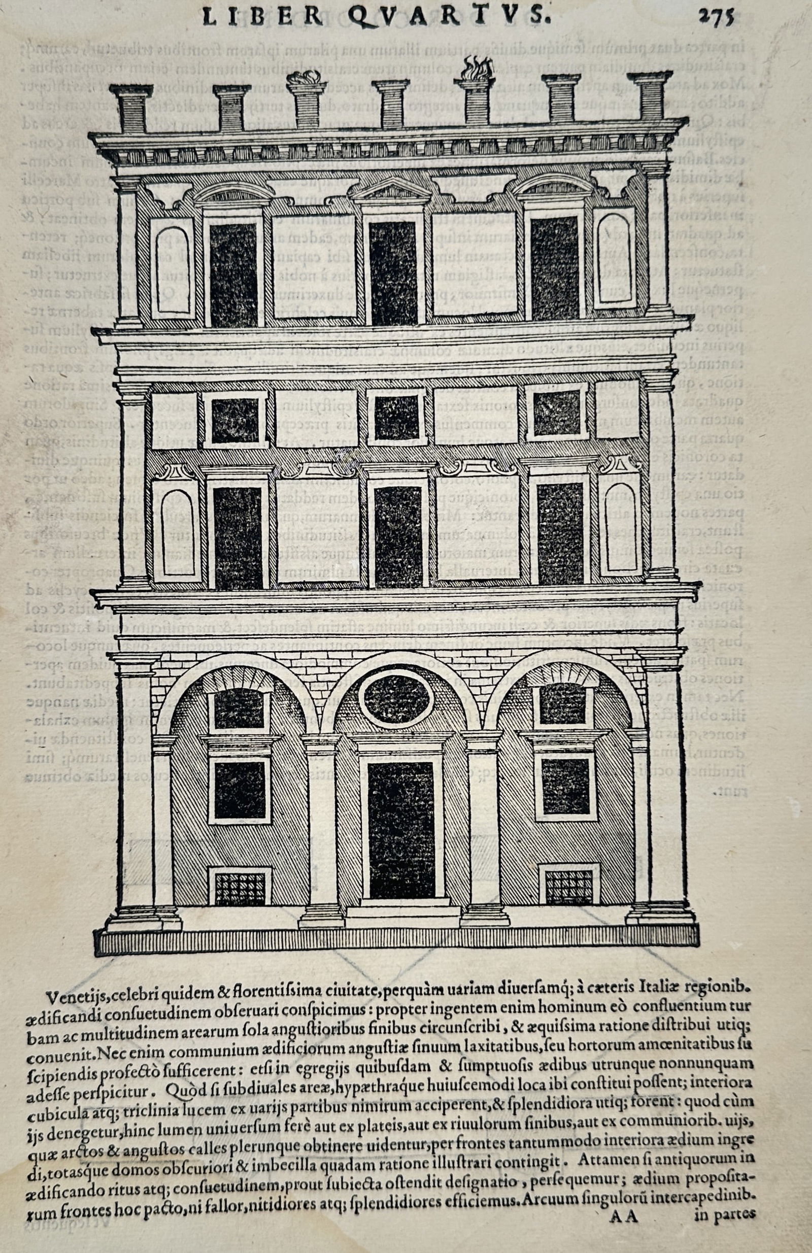 Sebastiano Serlio (1475–1554) – Elevation of a two story classical palace with roof terrace (1 of 2)