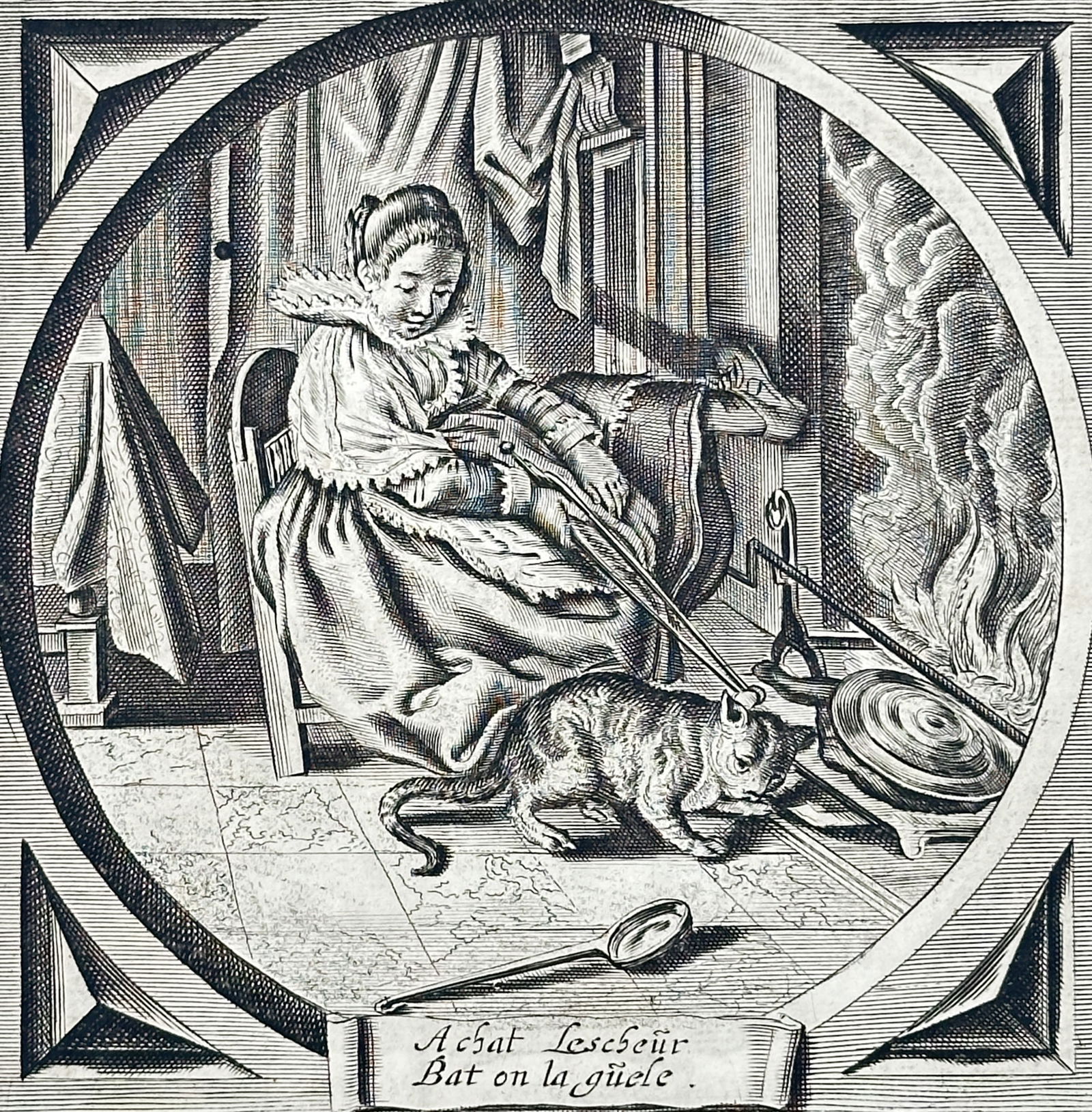 Jacob Cats (1577–1660) – He who has a fine cat, must have a fine mouse – engraving (1 of 3)