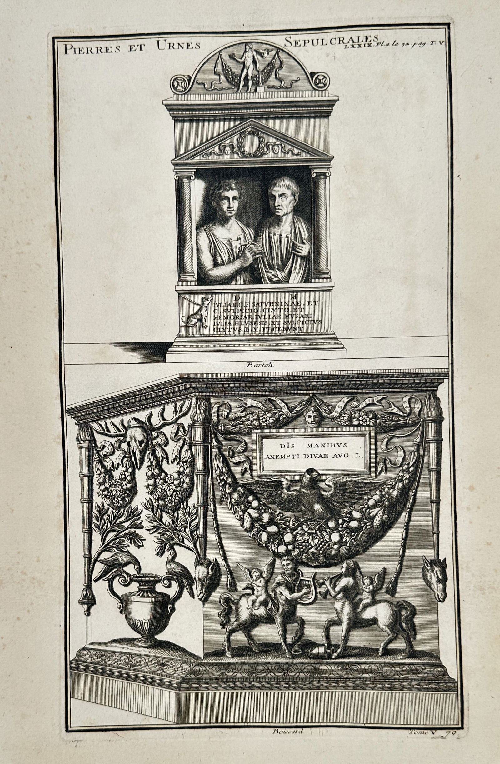 Bernard de Montfaucon (1655–1741) – Sepulchral Stones and Urns – engraving (1719) (1 of 2)