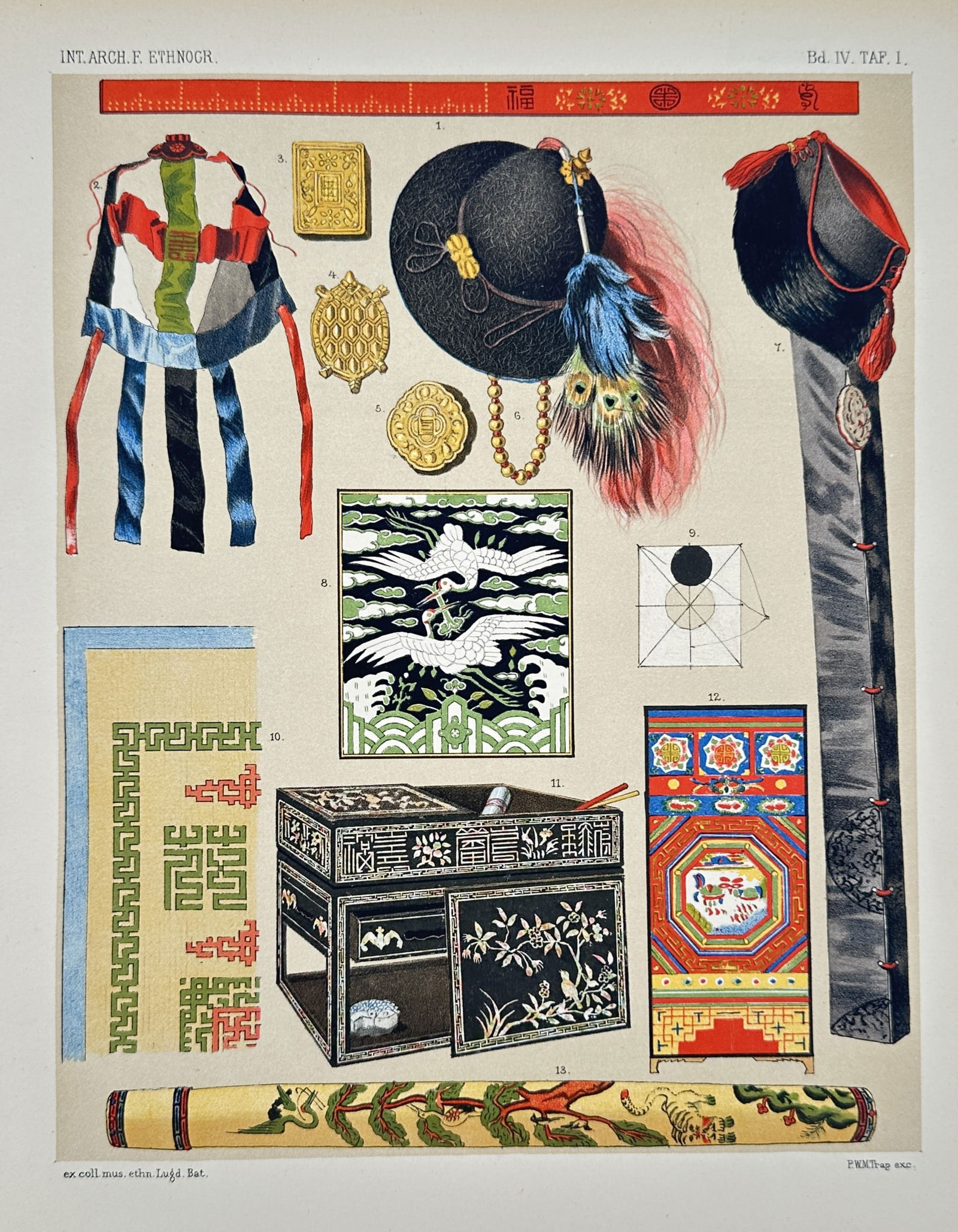 Pieter Willem Marinus Trap (1821–1905) – East Asian Cultural Artifacts – lithograph: This lithograph presents a variety of traditional cultural items from East Asia, specifically China. The composition includes ceremonial headwear such as a scholar’s cap with a prominent peacock fea