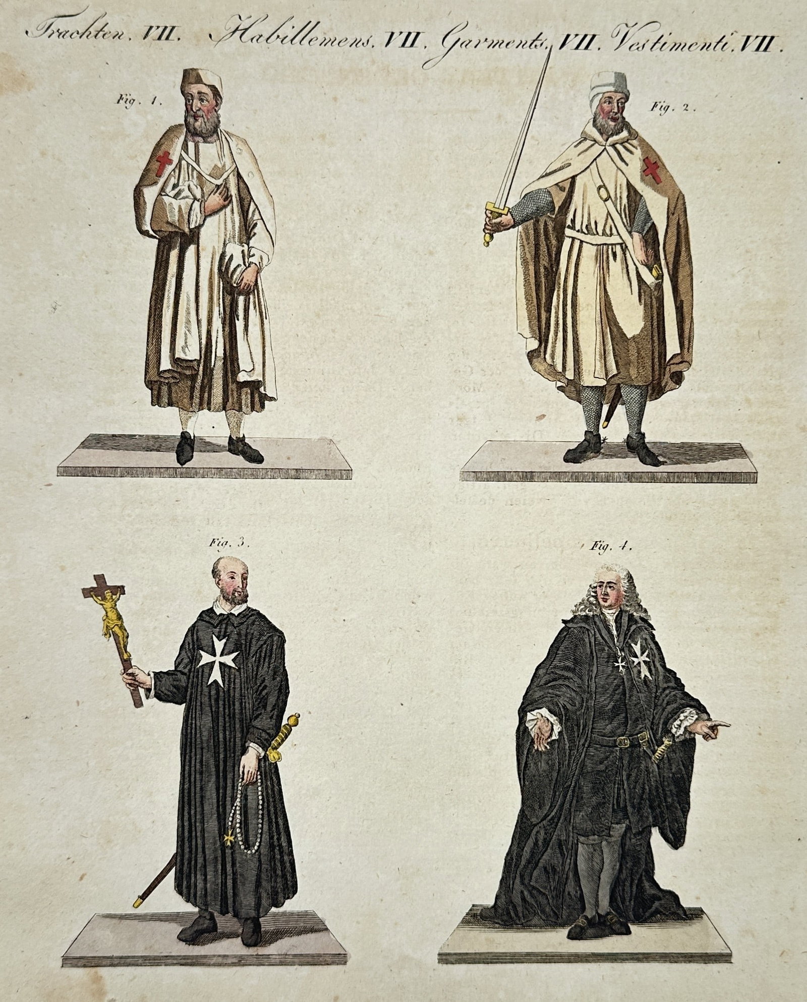 Friedrich Justin Bertuch (1747–1822) – Knights of the Teutonic Order and the Order of Malta: "Trachten. VII. Habillemens. VII. Garments. VII. Vestimenti. VII.". This hand-coloured engraving illustrates the ceremonial and military dress of European knightly orders, specifically showing members