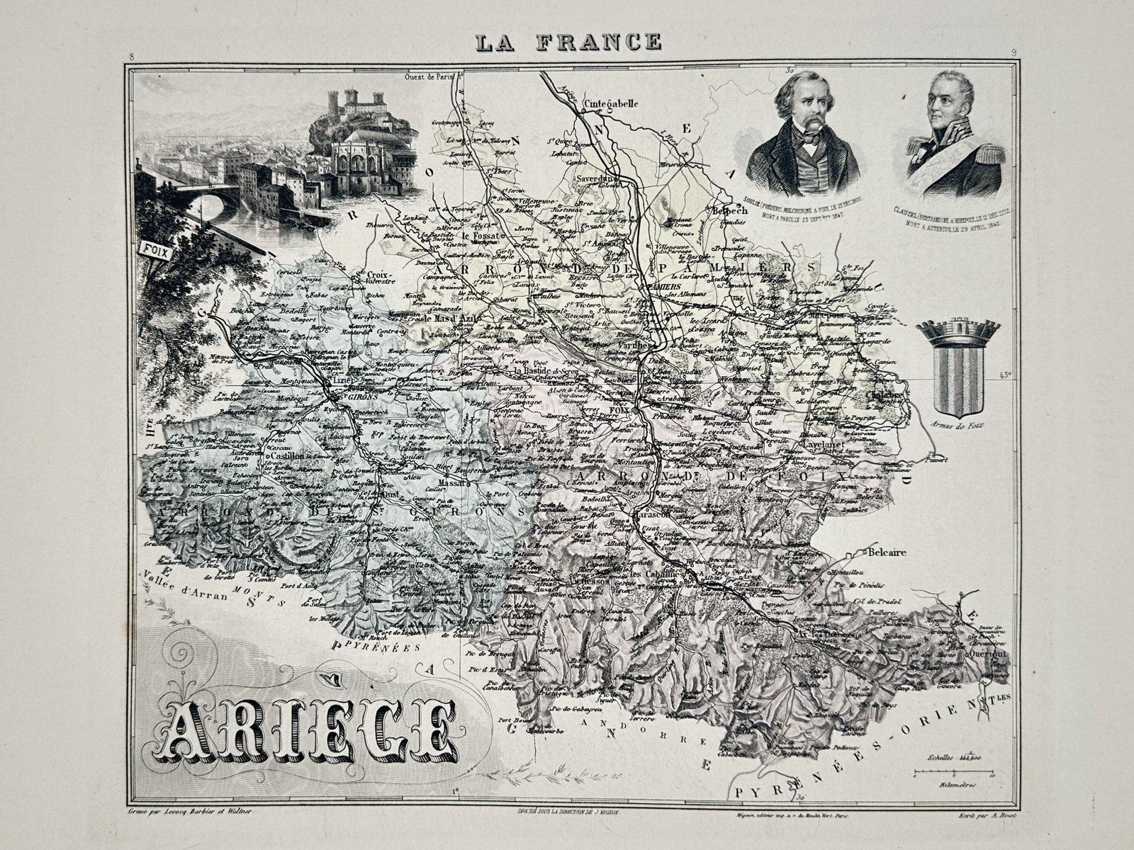 Alexandre Vuillemin (1812–1880) – Map of Ariege (France) – Engraving (1843) (1 of 2)