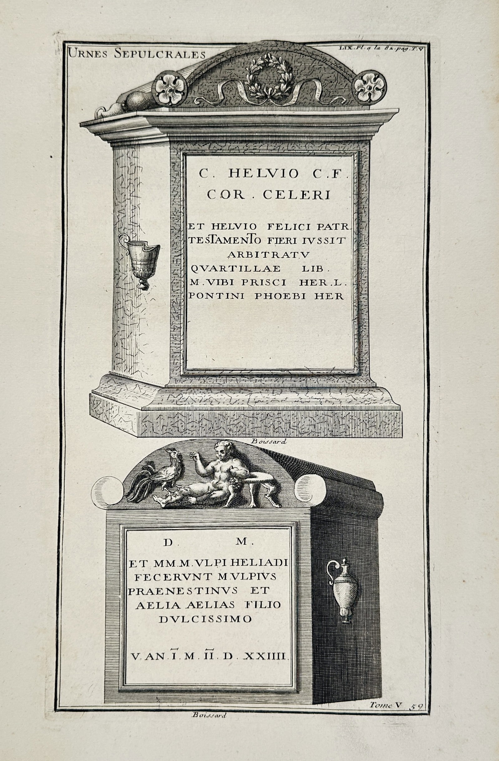 Bernard Montfaucon (1655–1741) – Roman sepulchral monuments – Engraving (1719): Urnes Sepulcrales. This engraving presents two detailed views of ancient Roman funerary monuments, or sepulchral urns, featuring Latin inscriptions and decorative carvings. The upper monument is a rec