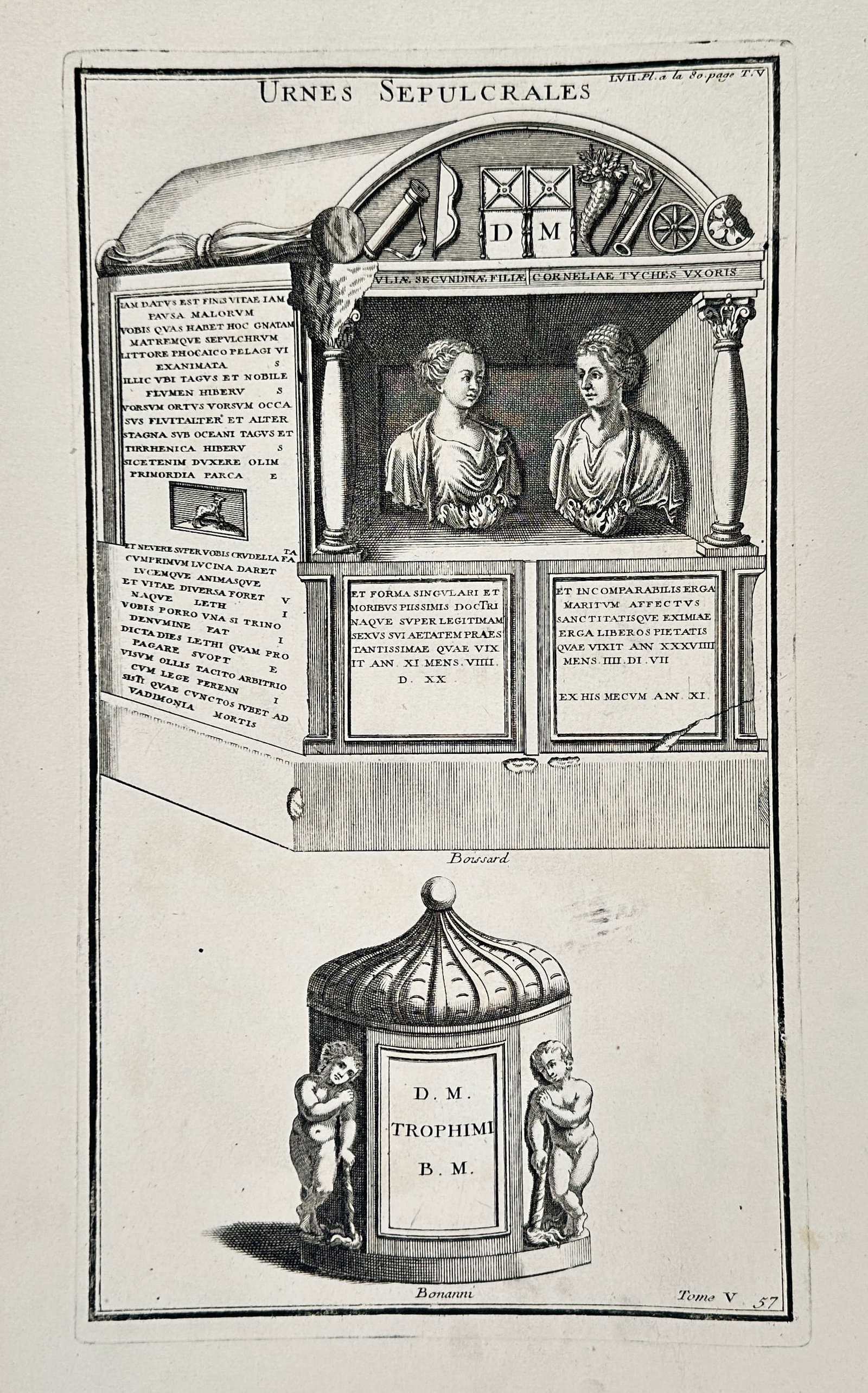 Bernard Montfaucon (1655–1741) – Ancient Roman funerary altars and cinerary urns – Engraving: Urnes Sepulcrales. This engraving presents several views of ancient Roman funerary monuments, including a large architectural tomb and a smaller decorative cinerary urn. The upper monument is a comple